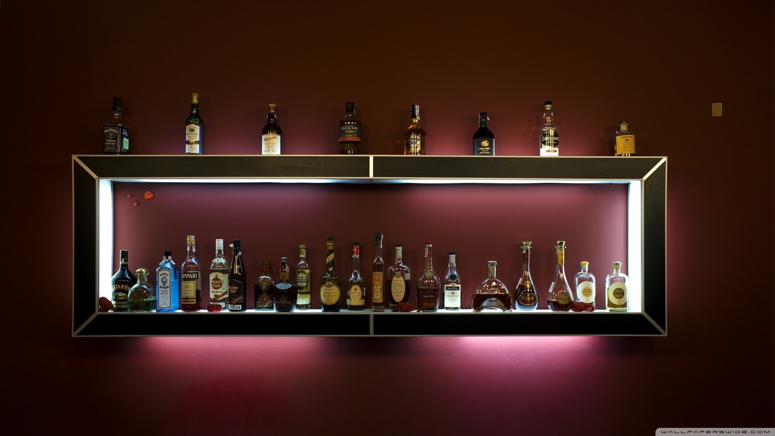 shelf, interior, glass, bottles, illuminated, colored background, fashion, studio shot, absence, indoors, wine, award, choice, alcohol, room, trophy, success, HD Wallpaper