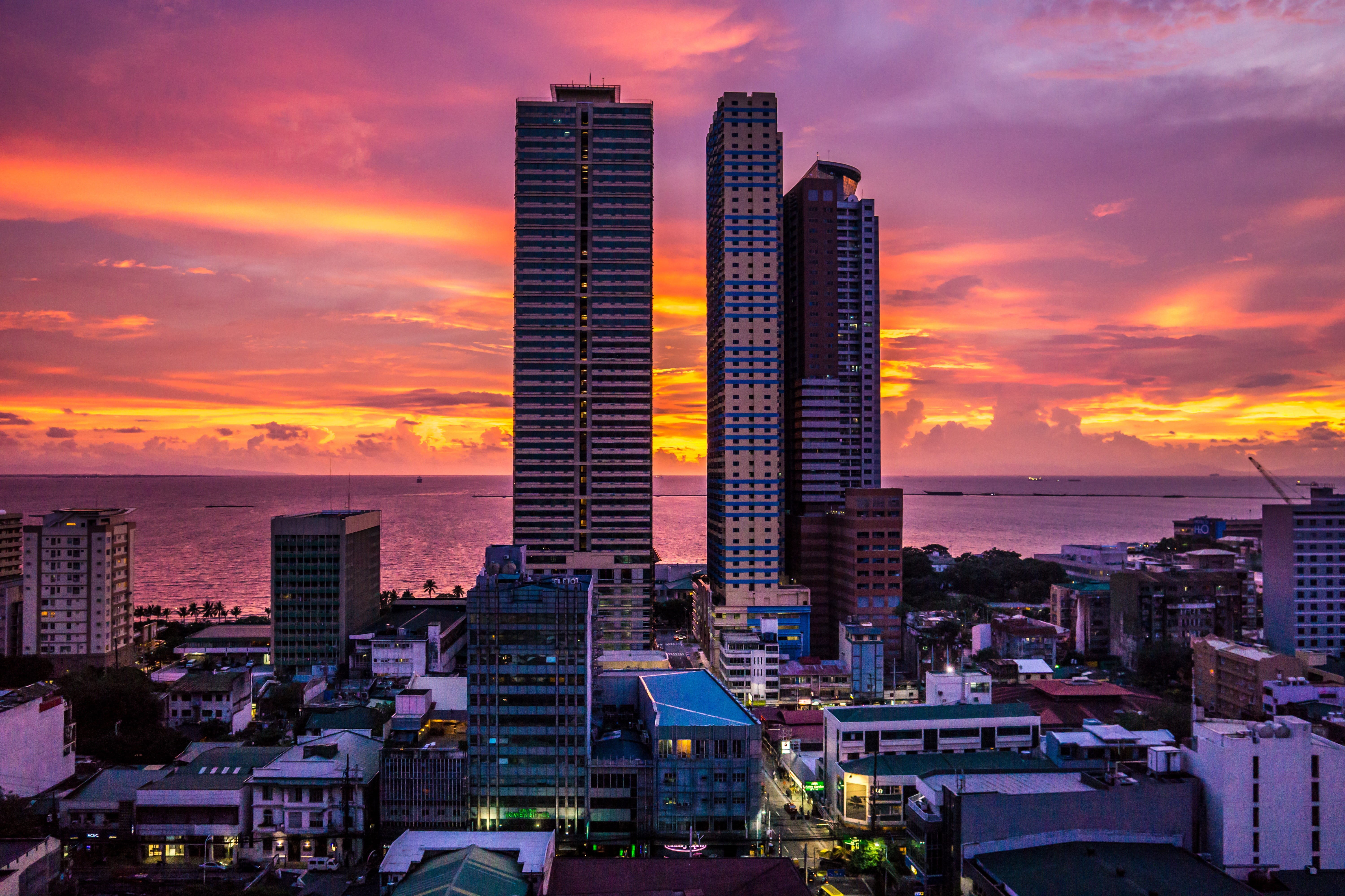 outdoors, manila bay, skyscrapers, city, sky, residential district, financial district, nature, night, office, modern, sea, buildings, tower, office building exterior, HD Wallpaper