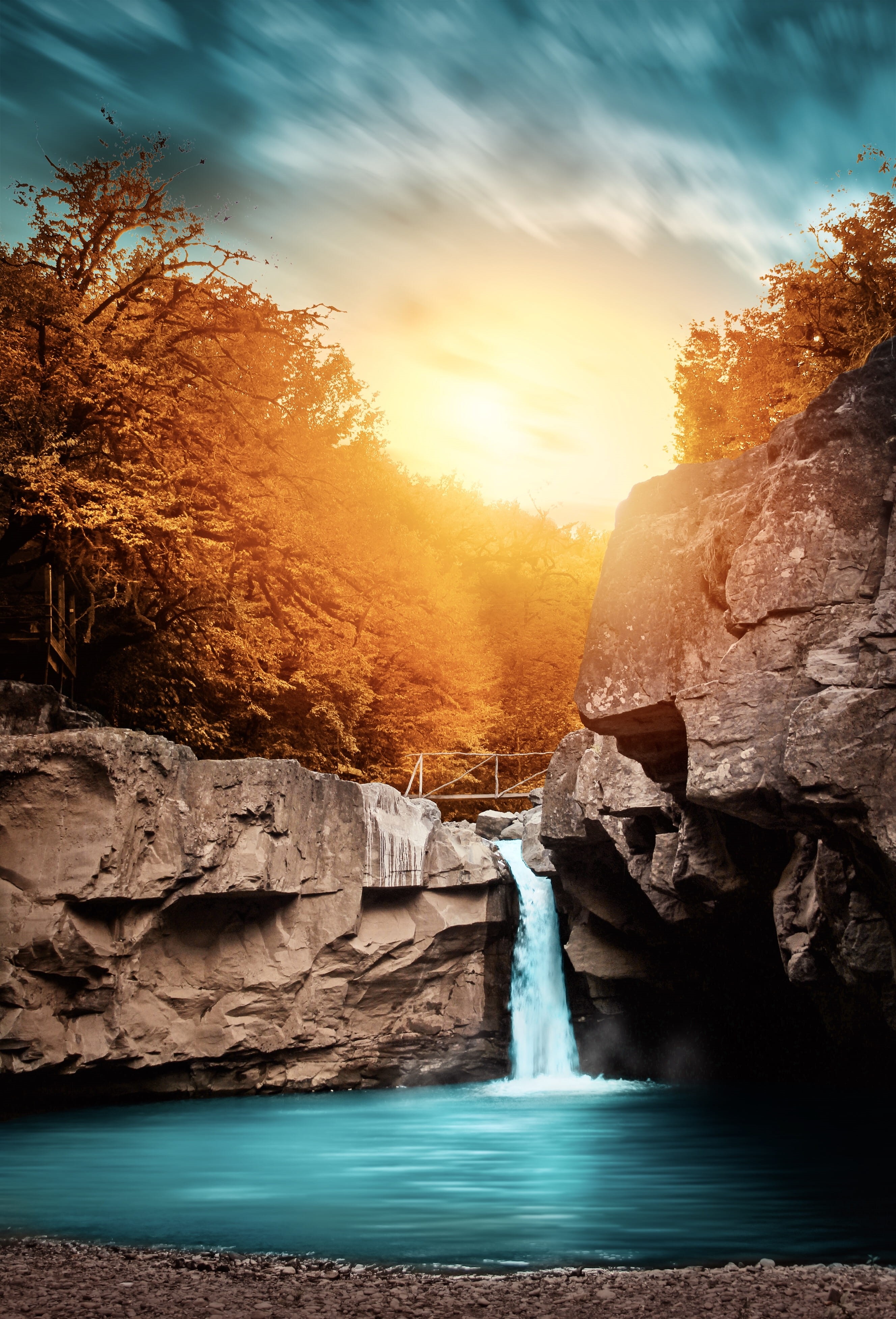 cloud - sky, nature, dawn, flowing, idyllic, falls, rock - object, waterfall, scenery, sky, rock formation, beauty in nature, flora, motion, soil, tranquility, Phone HD Wallpaper
