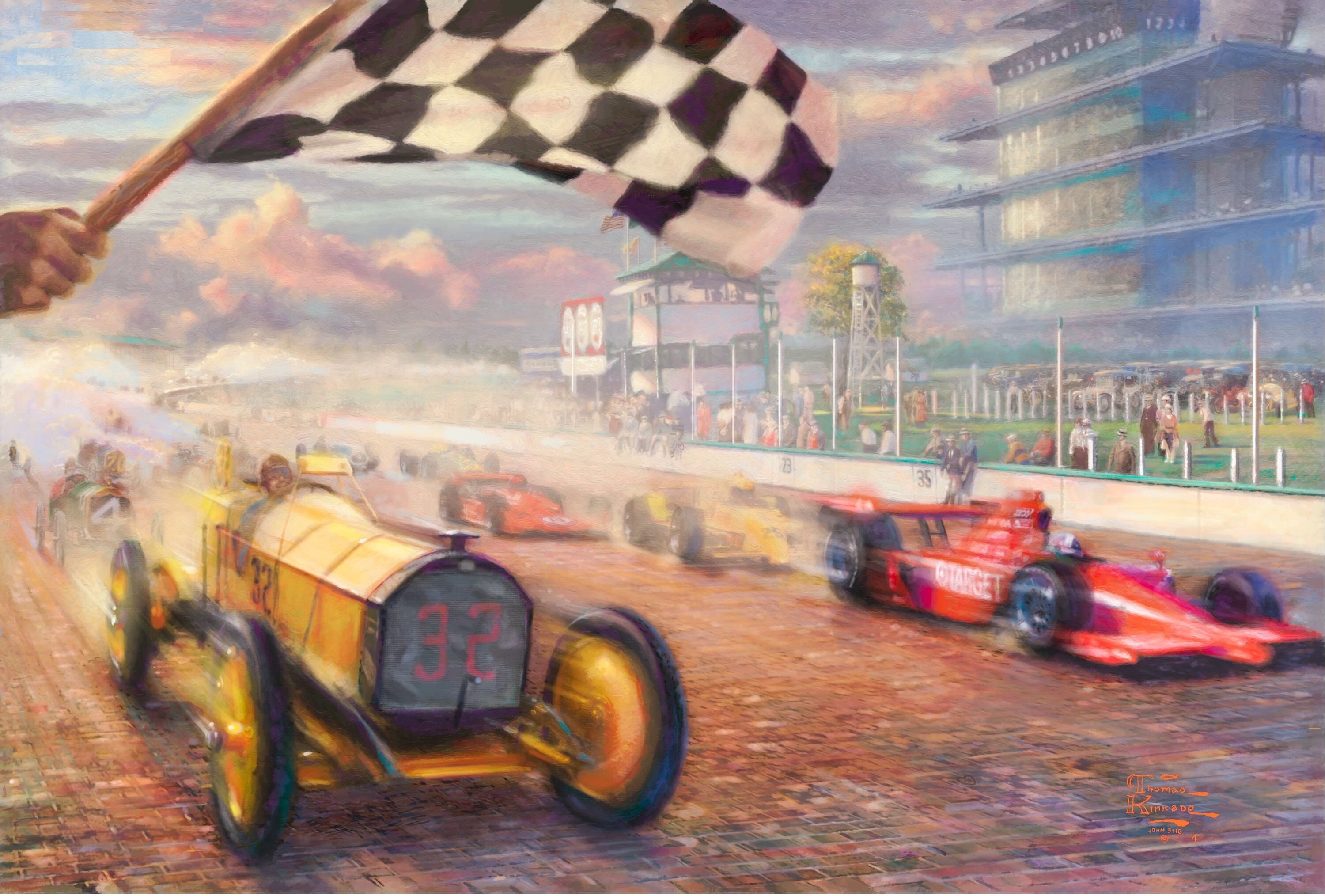motor vehicle, century, Thomas Kinkade, red, A Century of Racing, digital composite, day, city, cloud - sky, elegant, 2K, yellow, cellular, HD Wallpaper