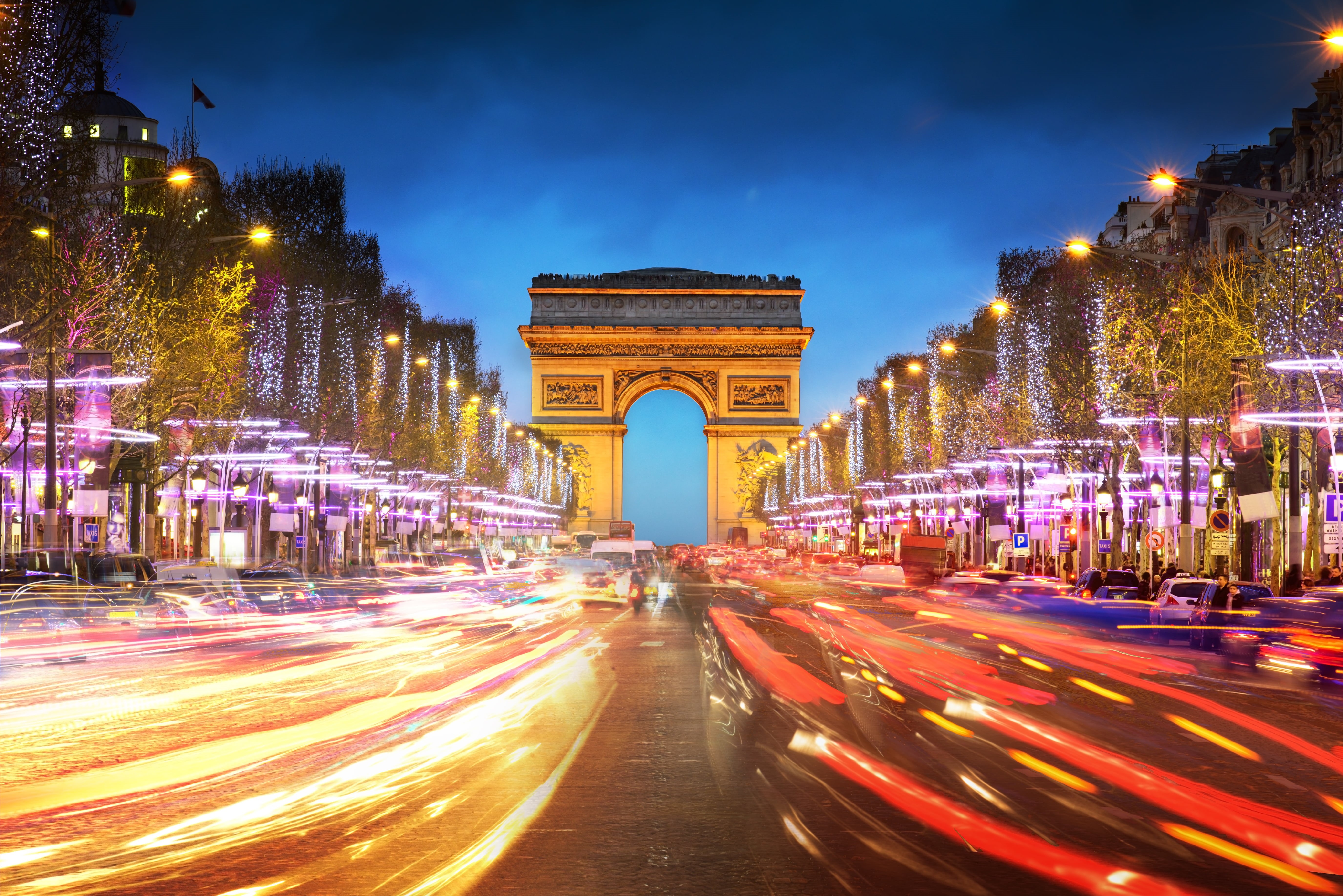 people Traveling, cityscape, motion, international Landmark, Arc de Triomphe, traffic, light trail, city, excerpt, no people, paris - France, twilight, HD Wallpaper