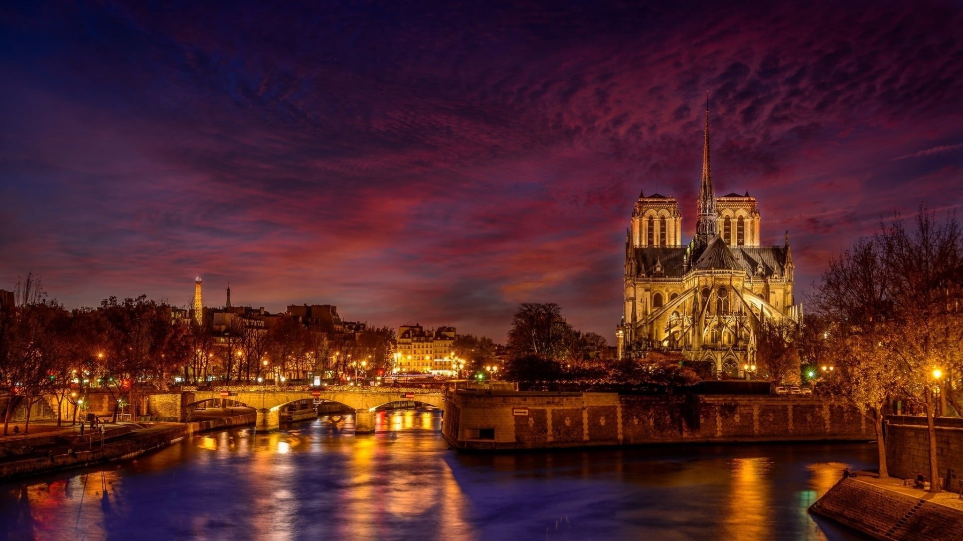 bridge, no people, connection, bridge - man made structure, tourist attraction, tower, notre dame de paris, lighting, paris, city, building, building exterior, HD Wallpaper