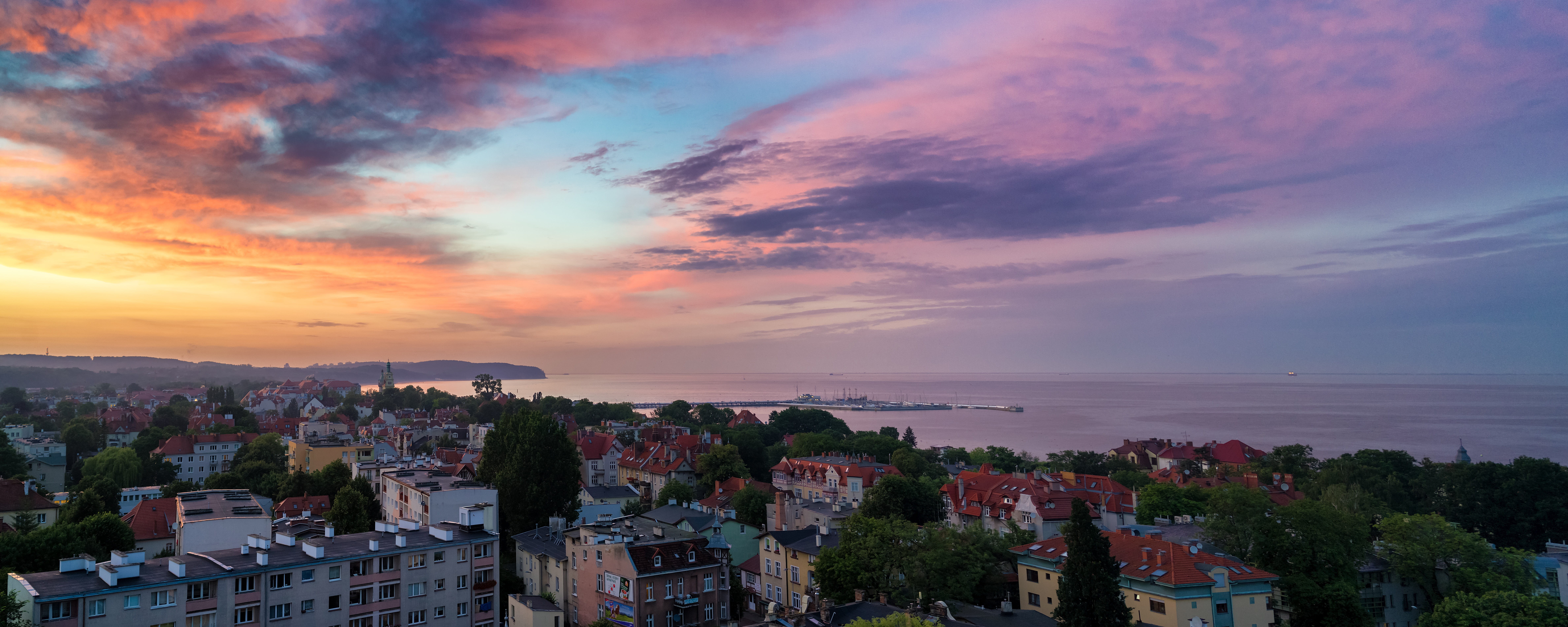 house, sunset, outdoor, background, city, nature, tower, town, cloud - sky, cityscape, travel destinations, ocean, built structure, old, colors, 8K, blue, HD Wallpaper