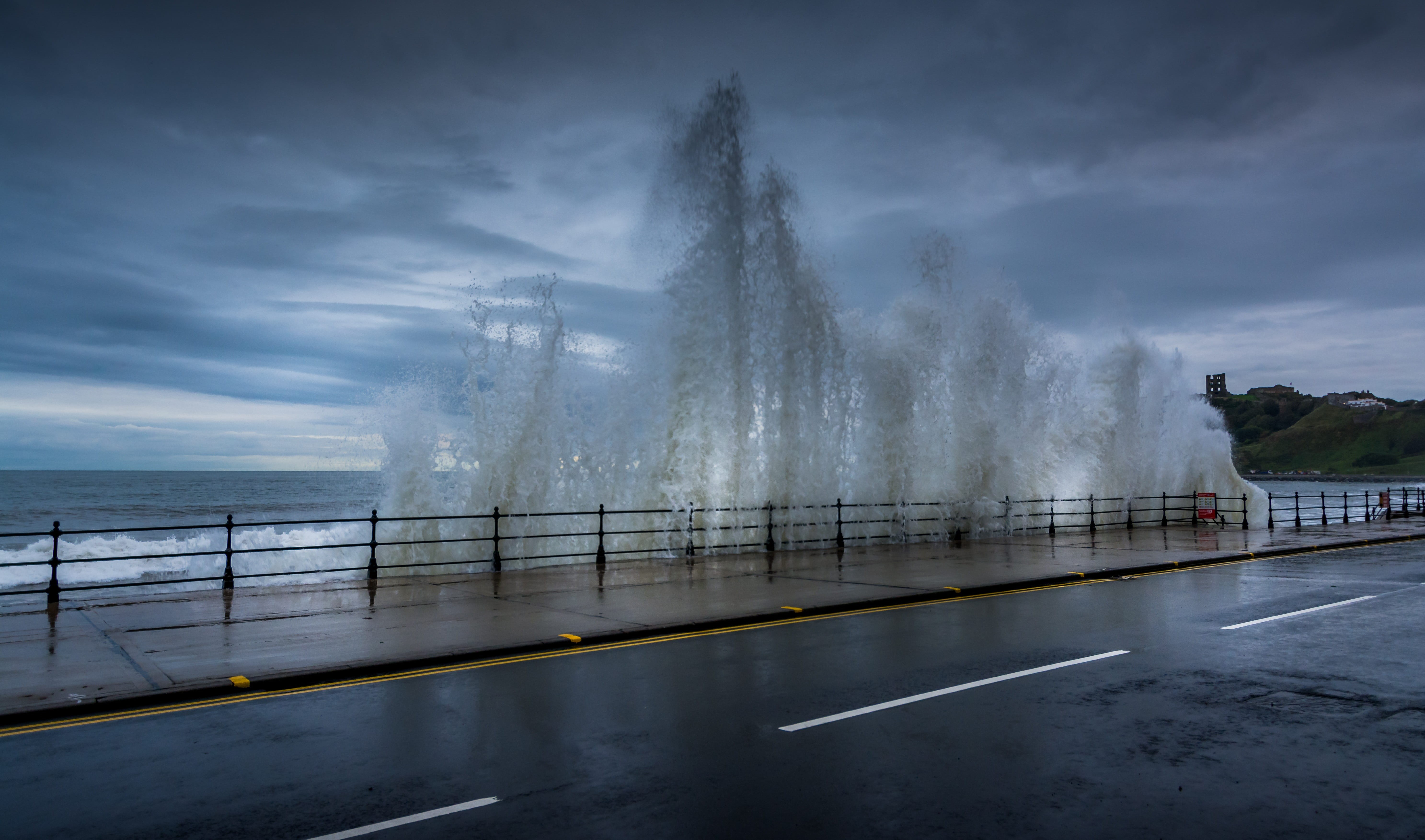fountain, powerful, waves, transportation, north yorkshire, no people, city, yorkshire, uk, high tide, spraying, nature, tide, morning, road, body, power in nature, HD Wallpaper