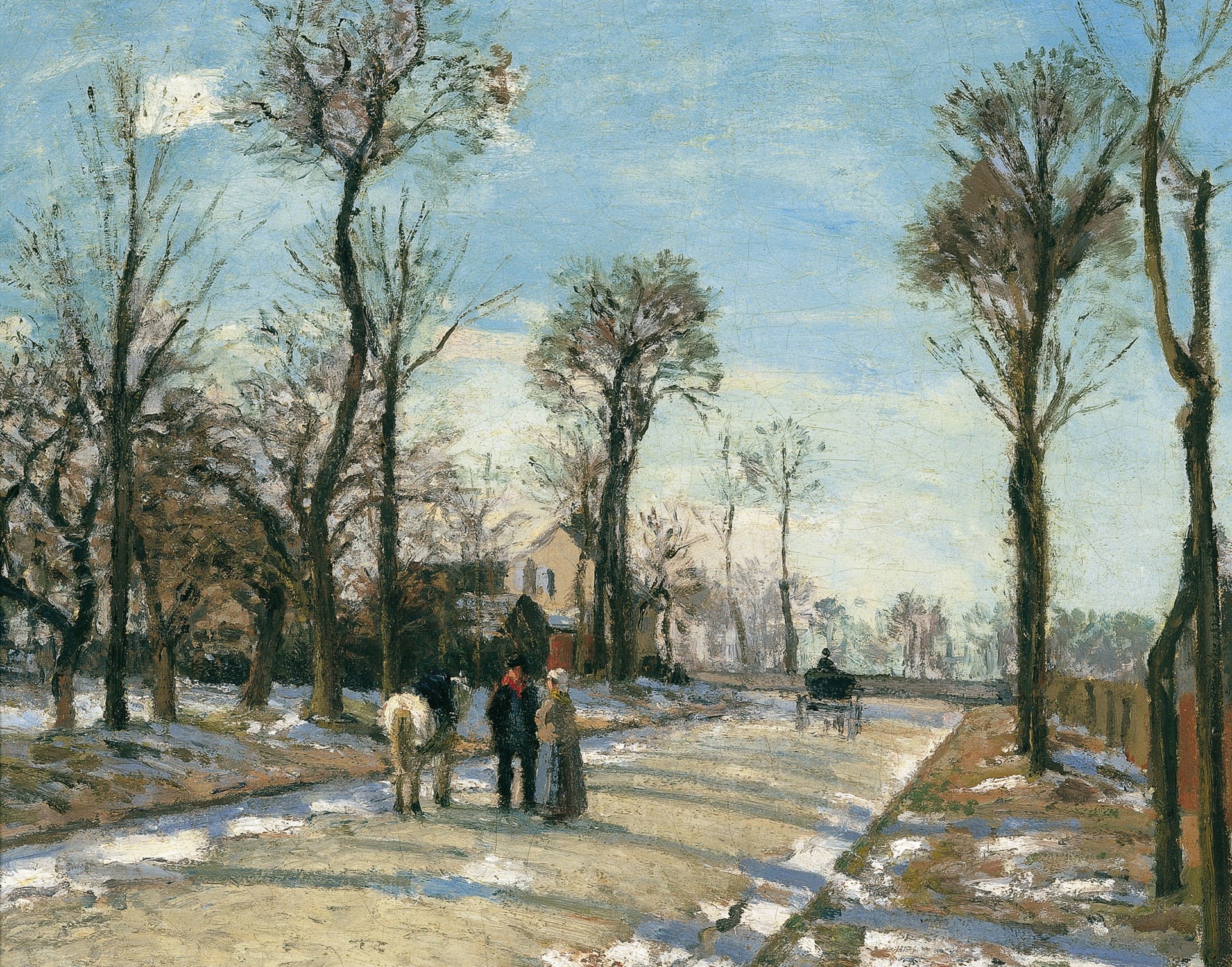 The road to Versailles. Louveciennes. Winter Sun and Snow, 1080P, landscape, picture, Camille Pissarro, HD Wallpaper