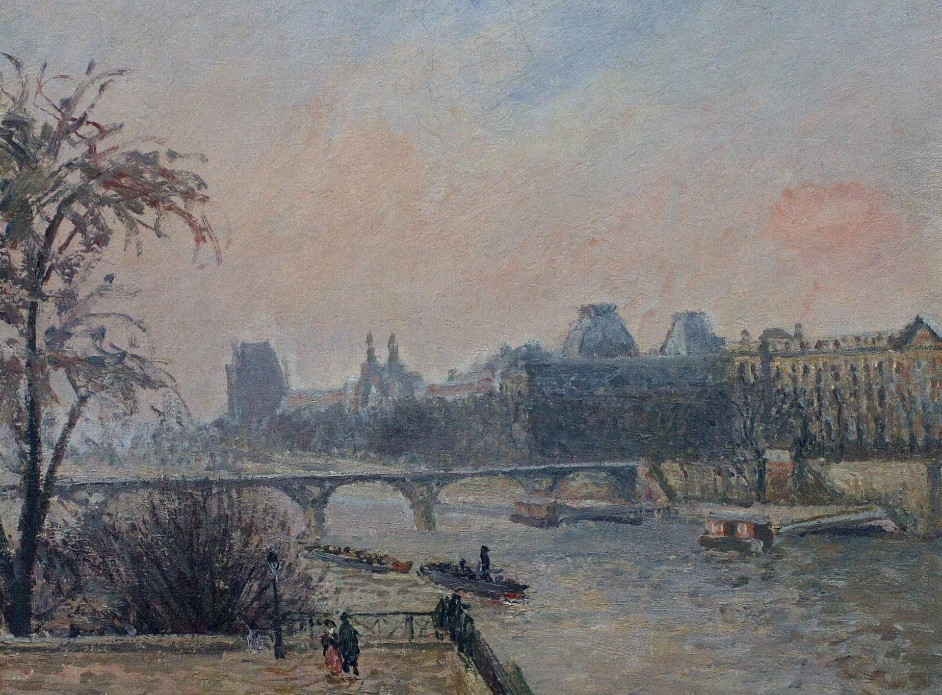 the urban landscape, The Seine and the Louvre, picture, Camille Pissarro, bridge, river, Paris, 1080P, HD Wallpaper