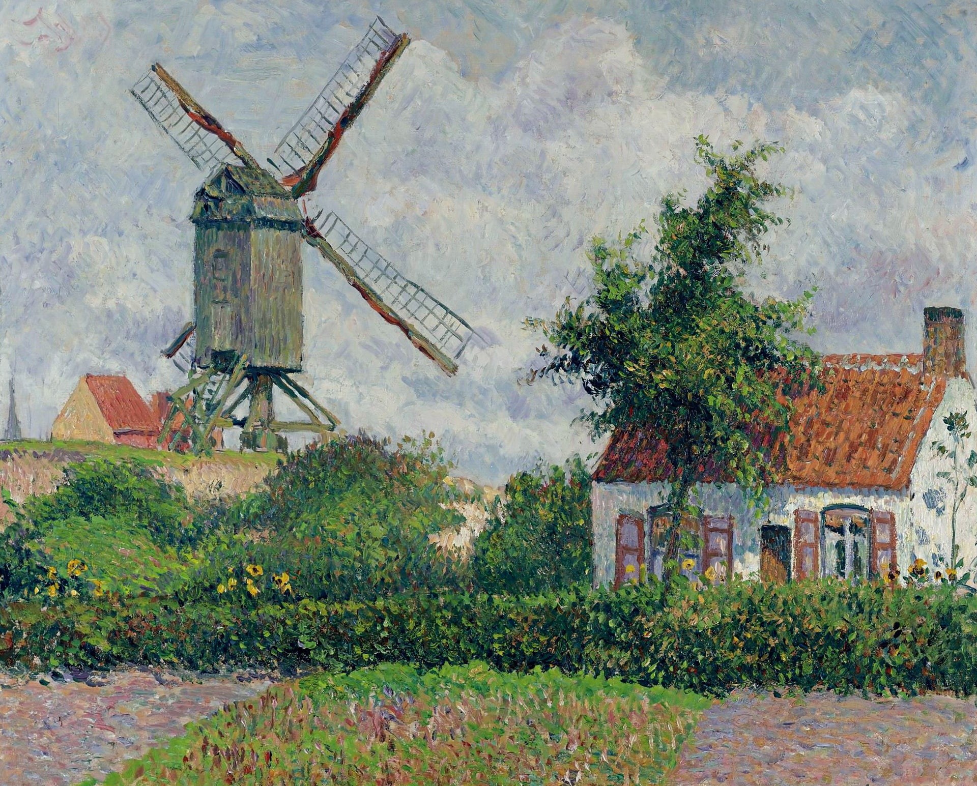Camille Pissarro, Windmill at Knokke, 1080P, landscape, house, picture, HD Wallpaper