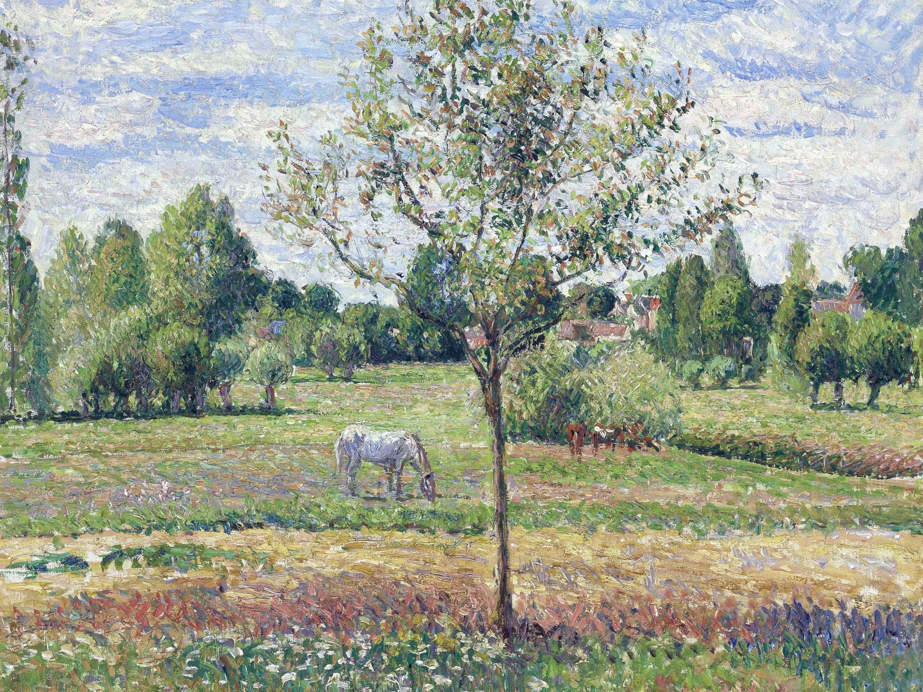 Horse on the Meadow. Cloudy. Eragny, Camille Pissarro, landscape, 2K, picture, nature, HD Wallpaper