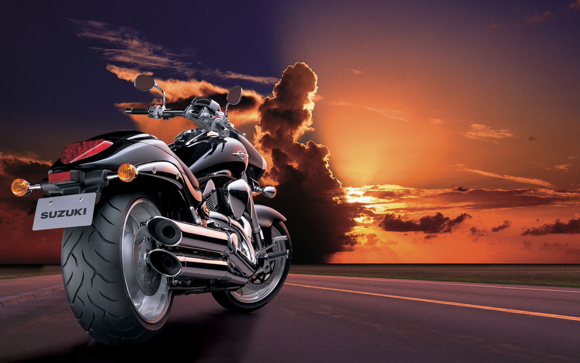 mr, 1080P, road, sunset, land vehicle, blurred motion, sky, wheel, motorcycle, sign, helmet, cruiser, crash helmet, nature, suzuki intruder m1800r, transportation, HD Wallpaper