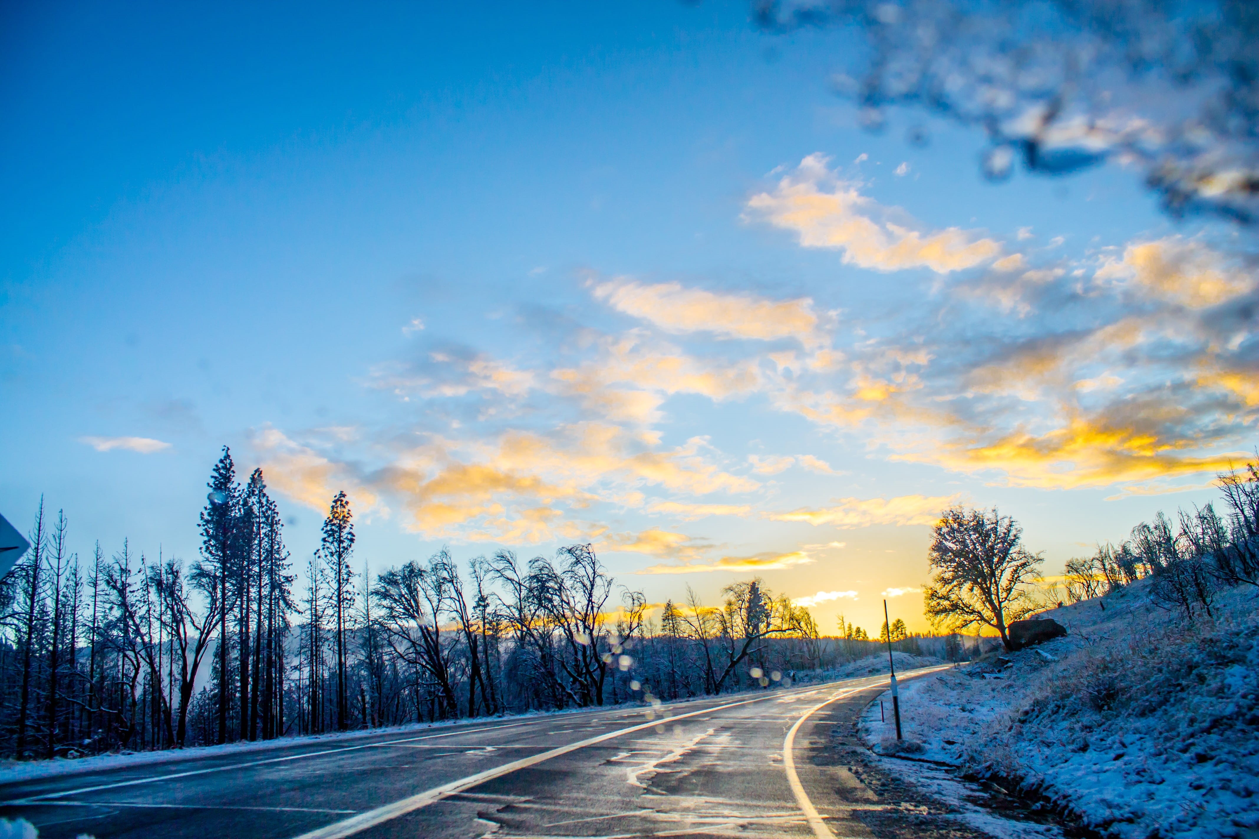 slippery, Snow, sign, direction, the way forward, sunset, travel, Mountains, tranquility, outdoor, landscape, no people, weather, blue, ice, outdoors, 4K, HD Wallpaper