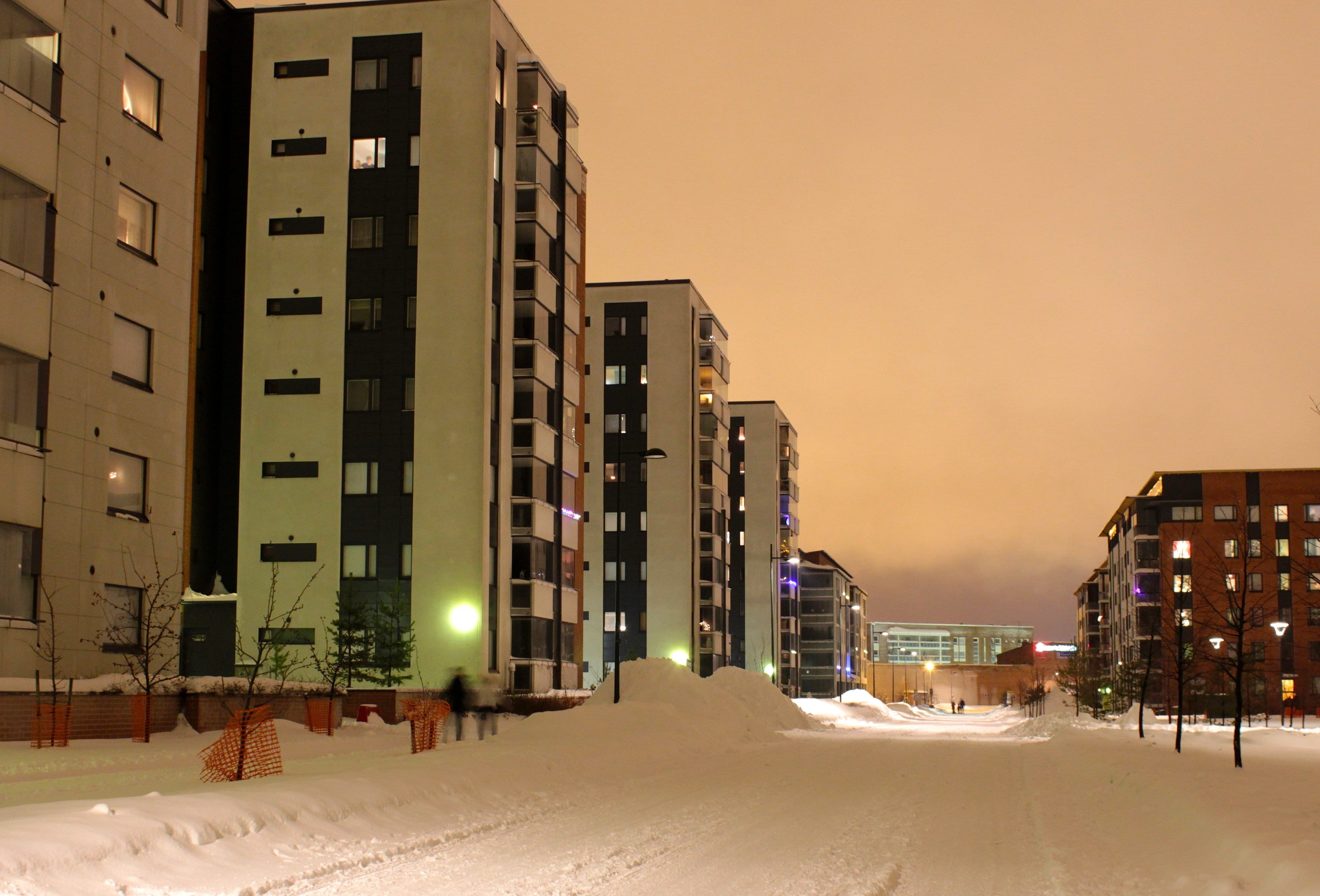 dusk, architecture, street light, building, Winter, Ice, night, lights, 4K, outdoors, evening, nature, illuminated, sky, window, skyscraper, snowing, cities, HD Wallpaper