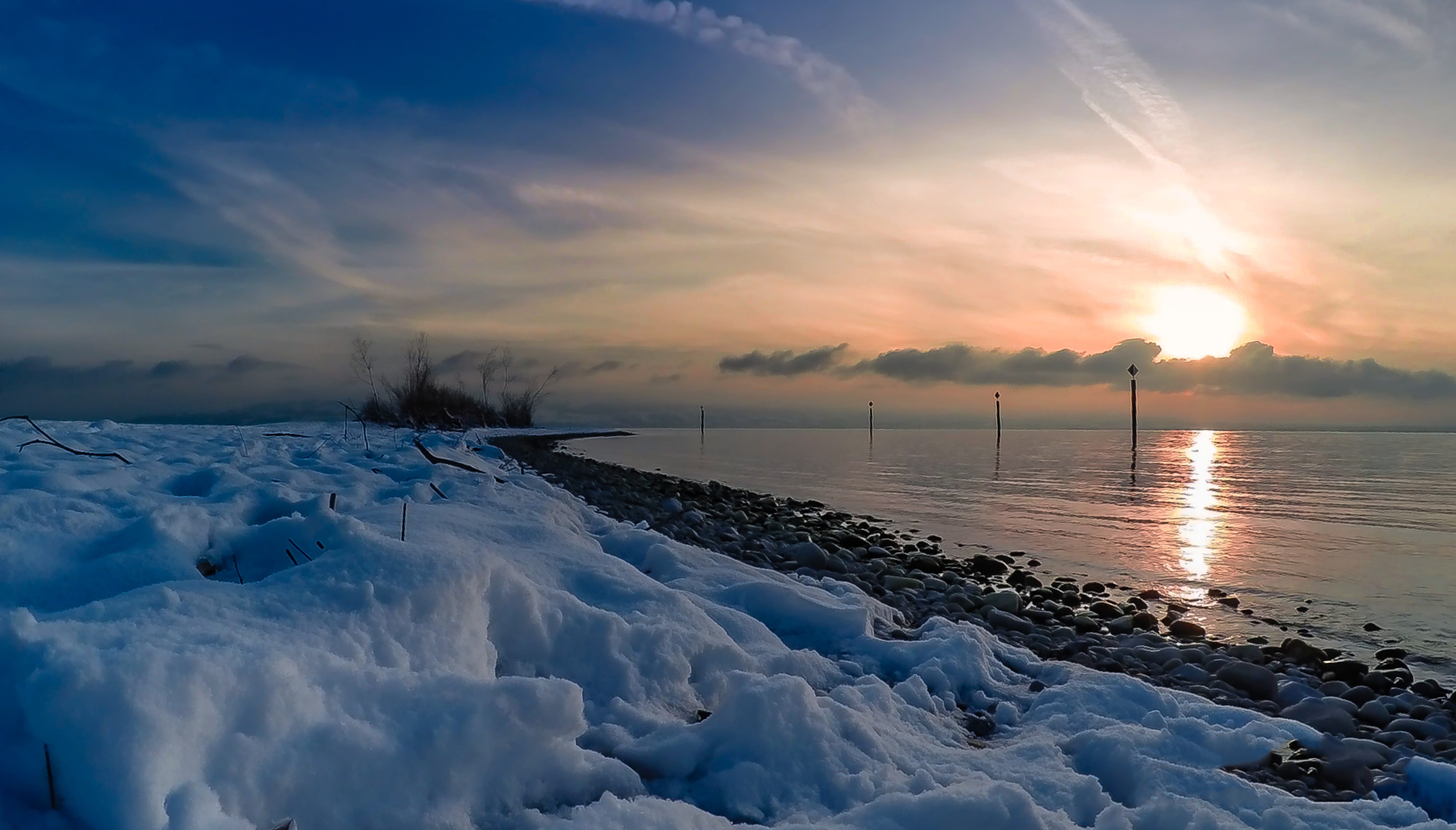 idyll, cloud - sky, wintry, waters, 5K, lonely, sky, no People, scenics - nature, Winter, land, beauty in nature, the sky, outlook, idyllic, cold, sunset, HD Wallpaper