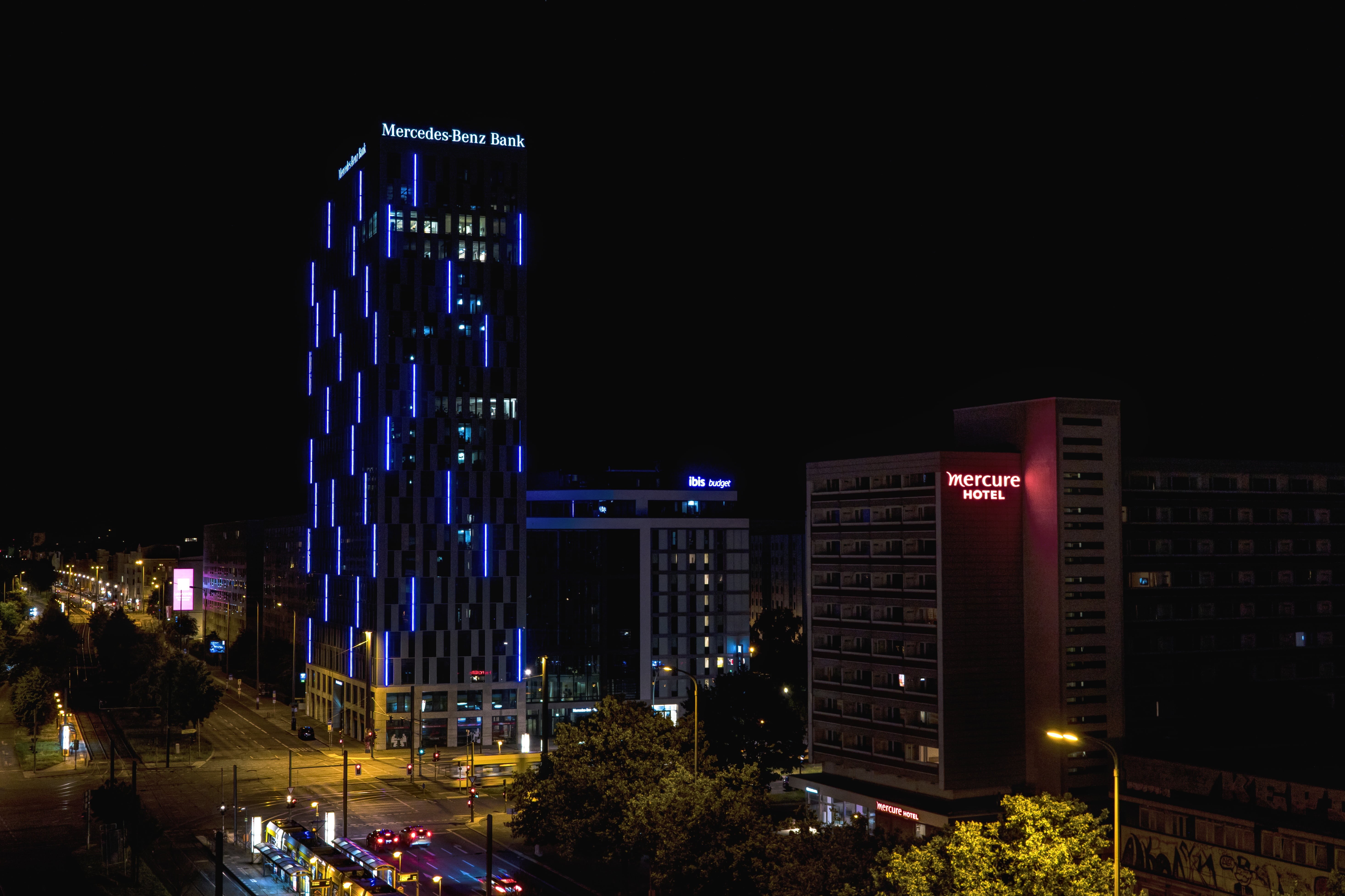 violet, office building exterior, autos, blue, night photograph, no people, light, night, transportation, lamps, illuminated, capital, building exterior, HD Wallpaper