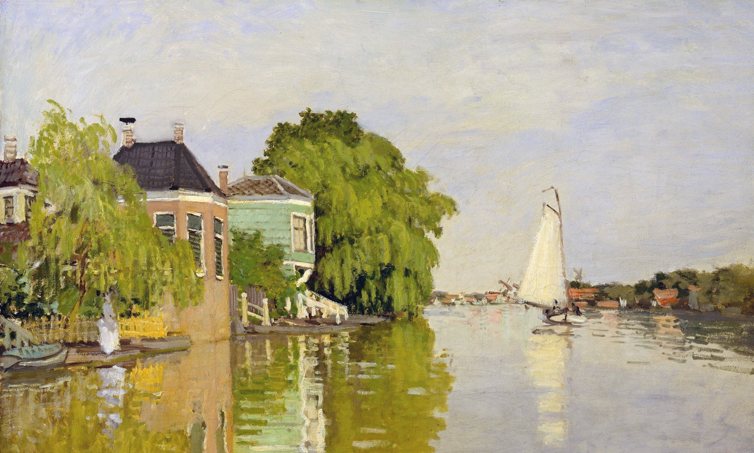 Houses on the Achterzaan, 2K, Claude Monet, boat, sail, picture, landscape, HD Wallpaper
