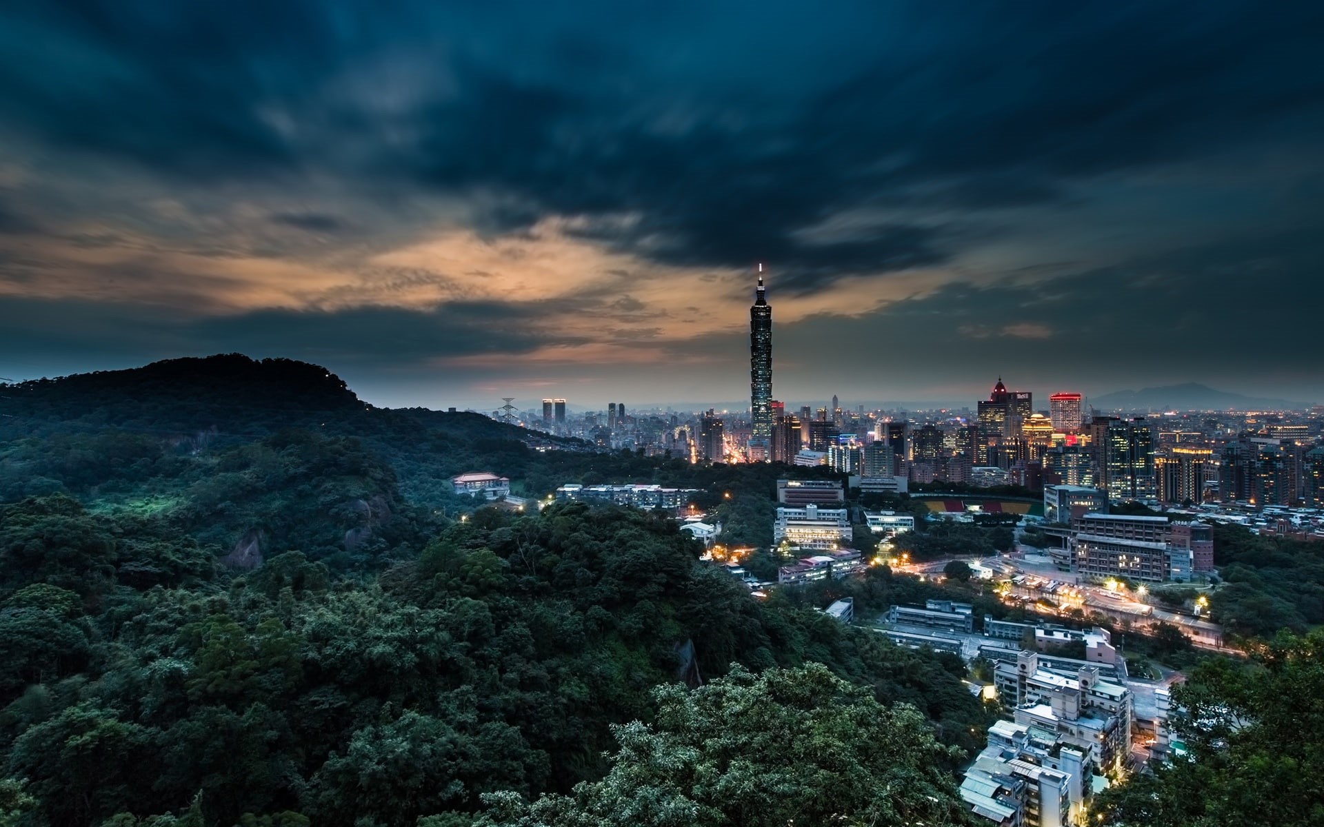 Buildings, China, Taiwan, City, Dusk, Night, Taipei, Lights, 1080P, HD Wallpaper