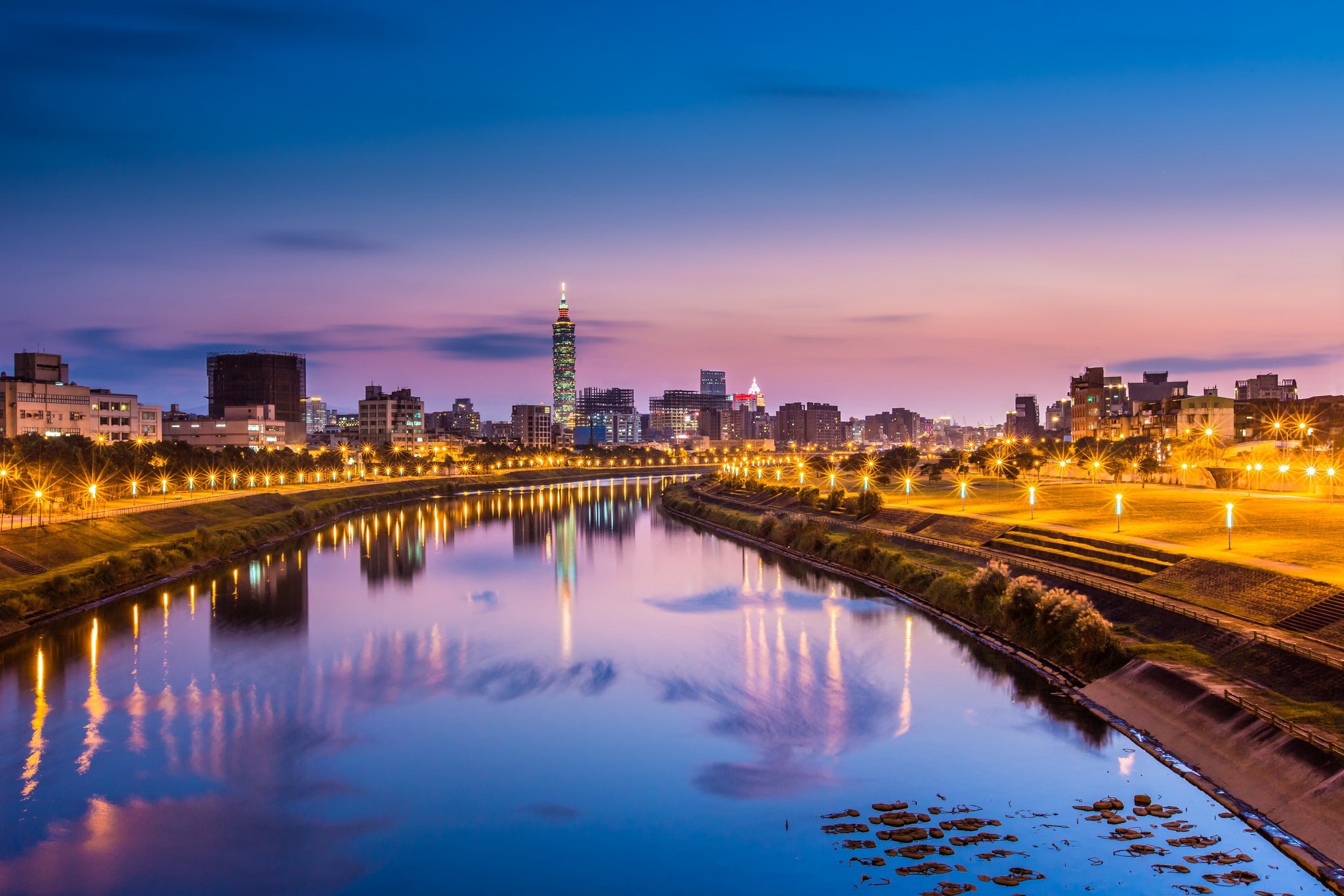 pink, 1080P, blue, Taiwan, city, sky, evening, reflection, river, lights, China, Taipei, HD Wallpaper