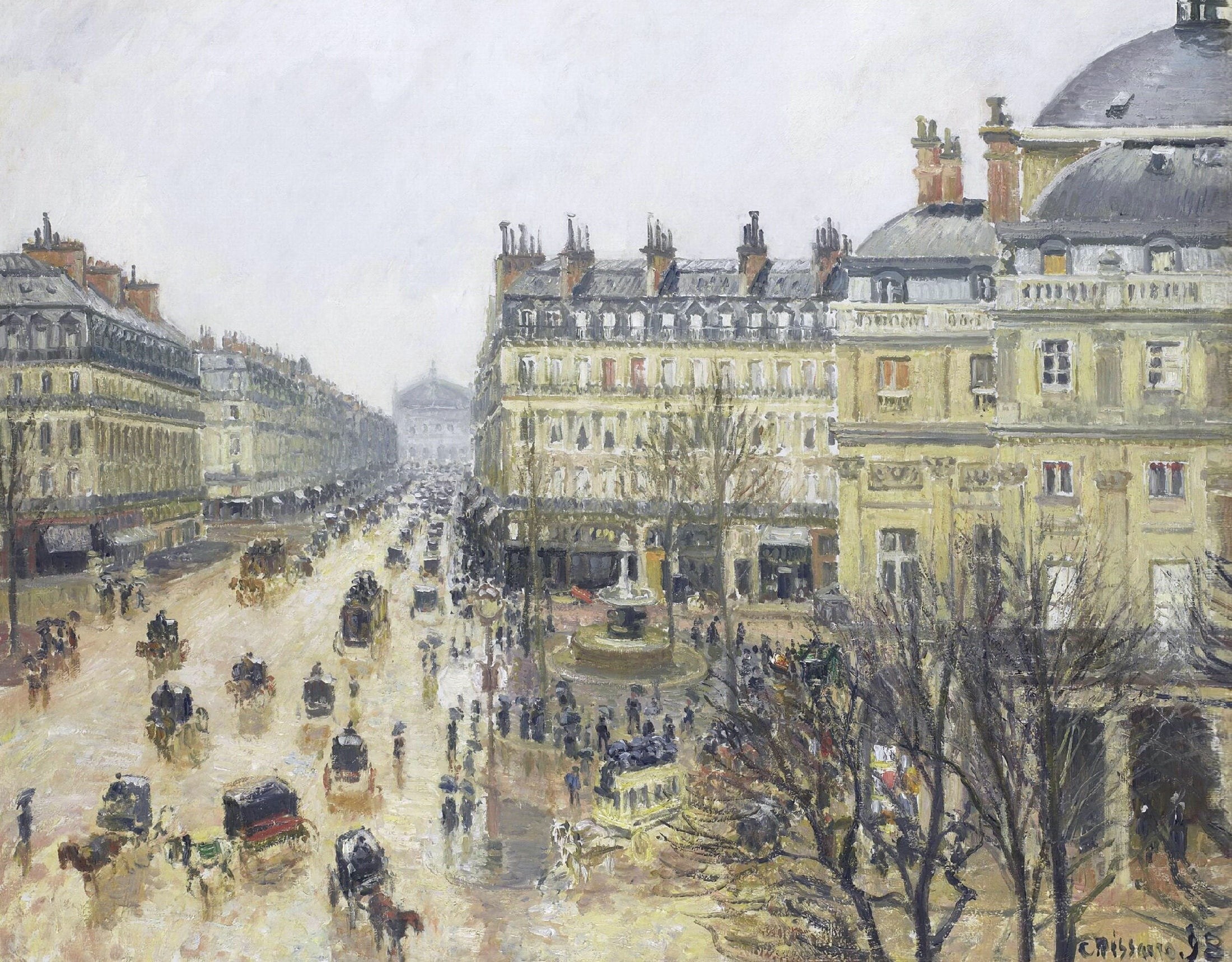 Place Du Théâtre Français. Rain, Camille Pissarro, 1080P, picture, the urban landscape, HD Wallpaper