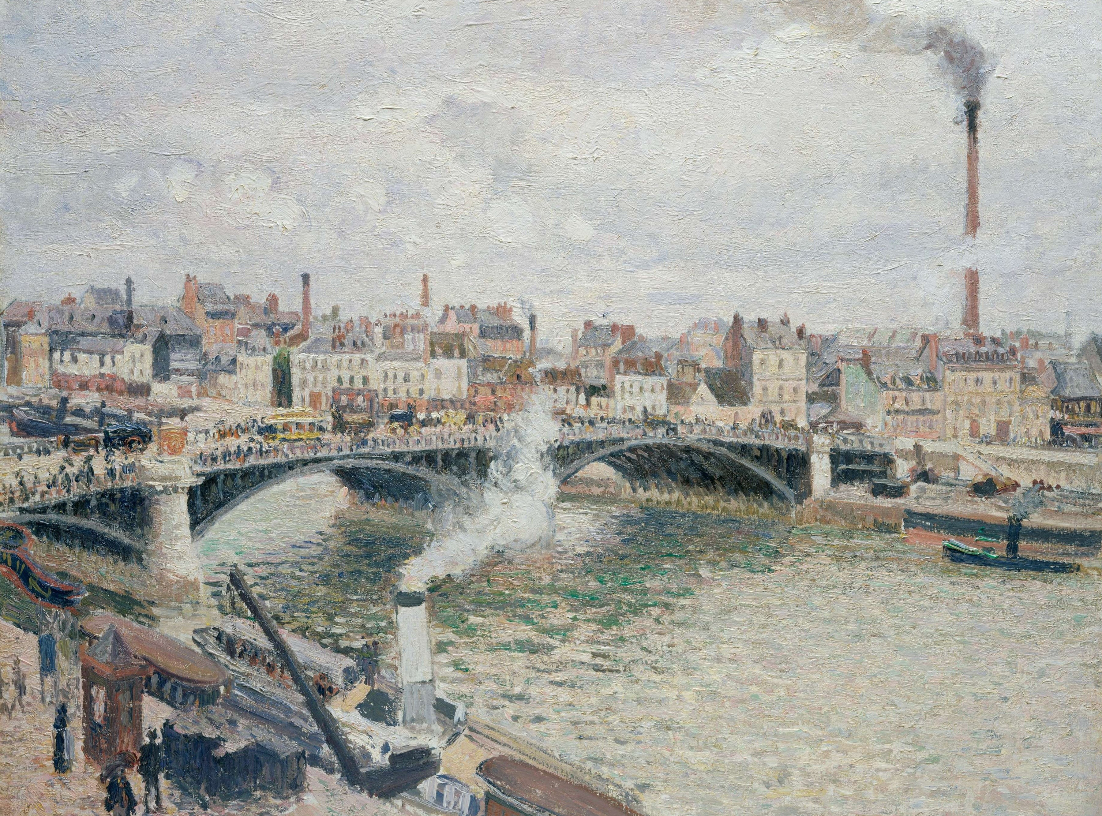 2K, Morning. Cloudy Day. Rouen, the urban landscape, Camille Pissarro, bridge, picture, home, river, HD Wallpaper