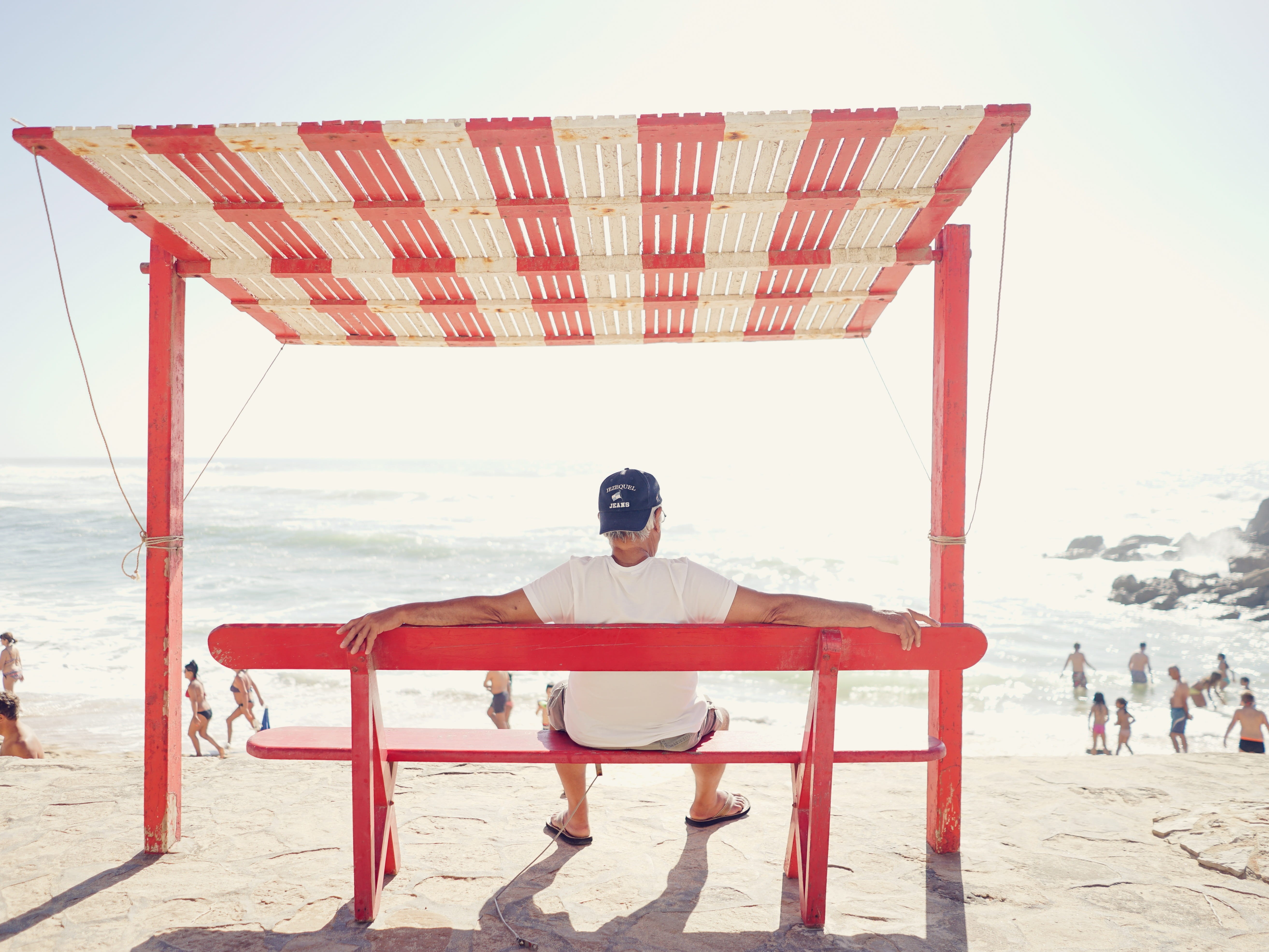 one person, chair, clear sky, real people, one man only, red, adults only, land, relaxation, people, men, shirt, sea, man, wooden, sky, summer, sitting, HD Wallpaper
