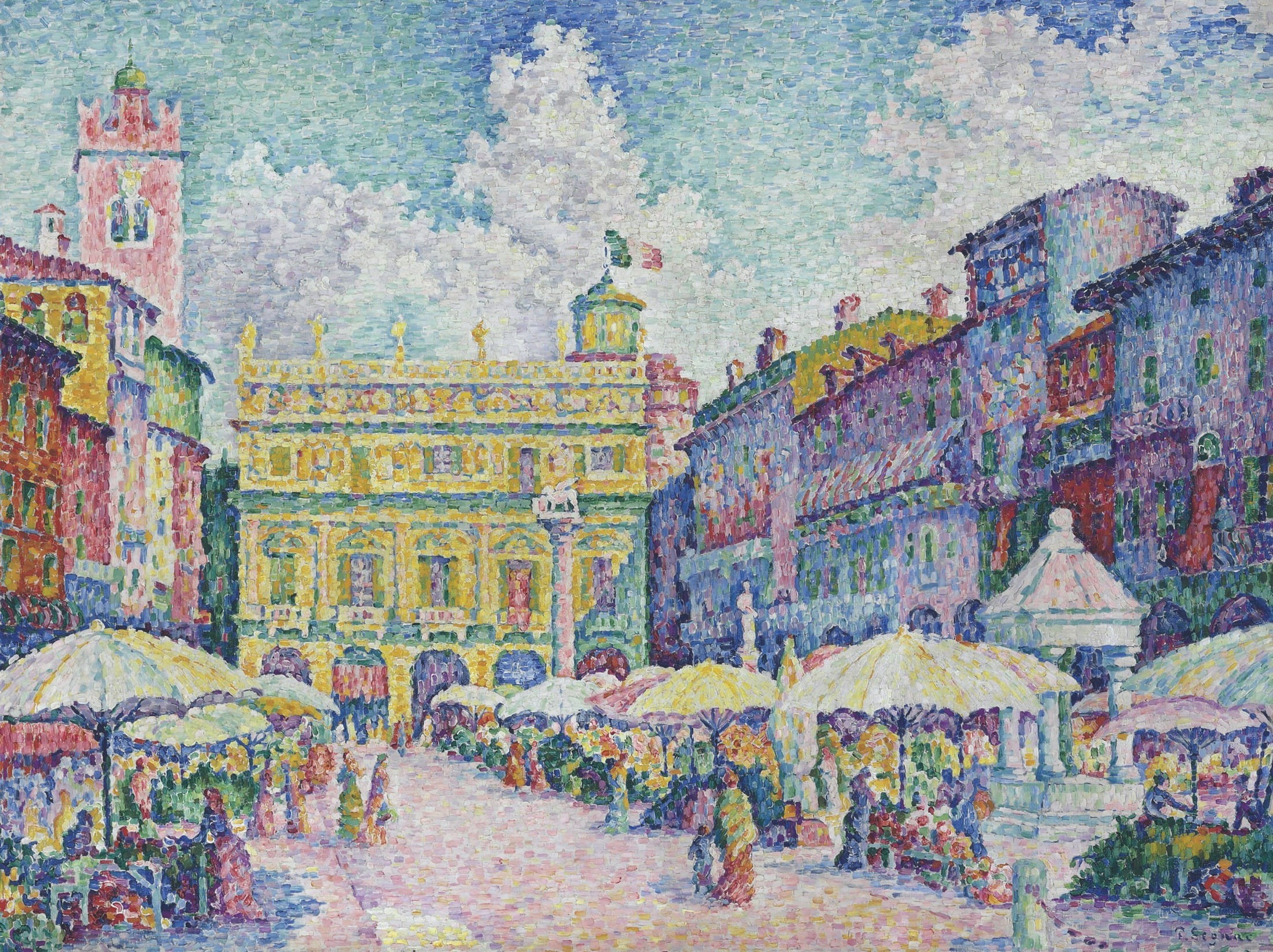 pointillism, the urban landscape, picture, Paul Signac, Market Square in Verona, 1080P, home, HD Wallpaper