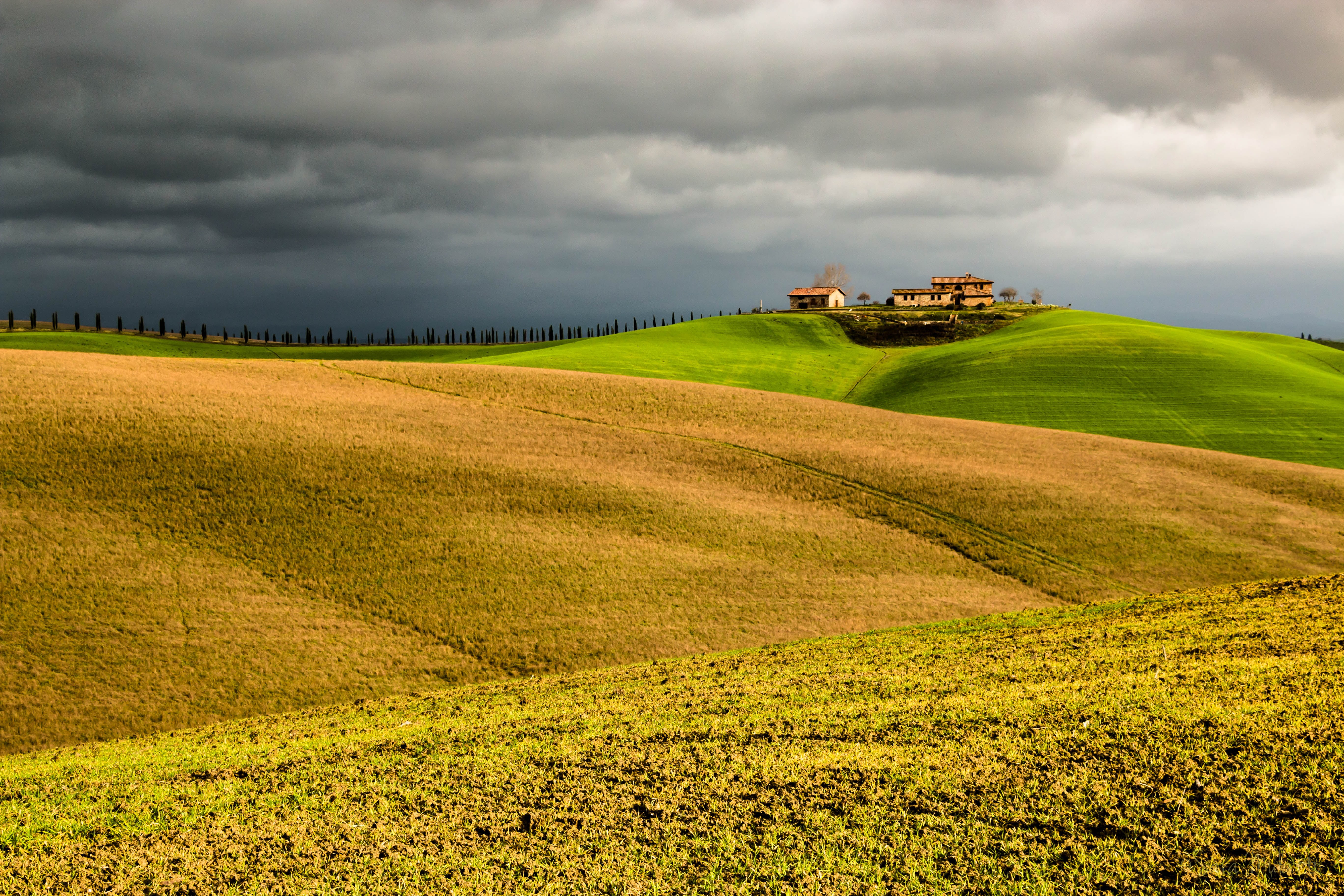 nature, green Color, italy, farm, europe, Toscana, houses, Storm  Clouds, scenics, outdoors, il, 5K, cloud - Sky, non-Urban Scene, photo, summer, sky, HD Wallpaper