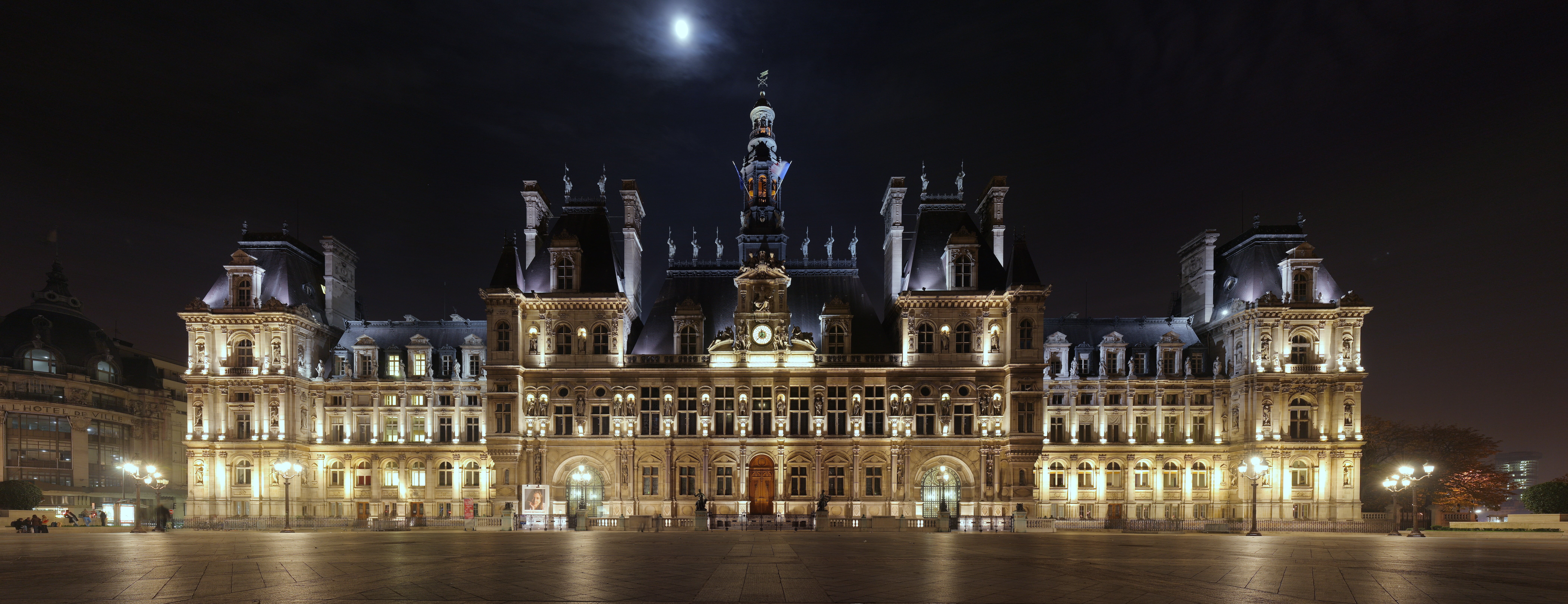 tourism, sculpture, building, palace, history, town, cultures, lighting, built Structure, dark, castle, the past, brown, Hotel de Ville, the moon, France, HD Wallpaper
