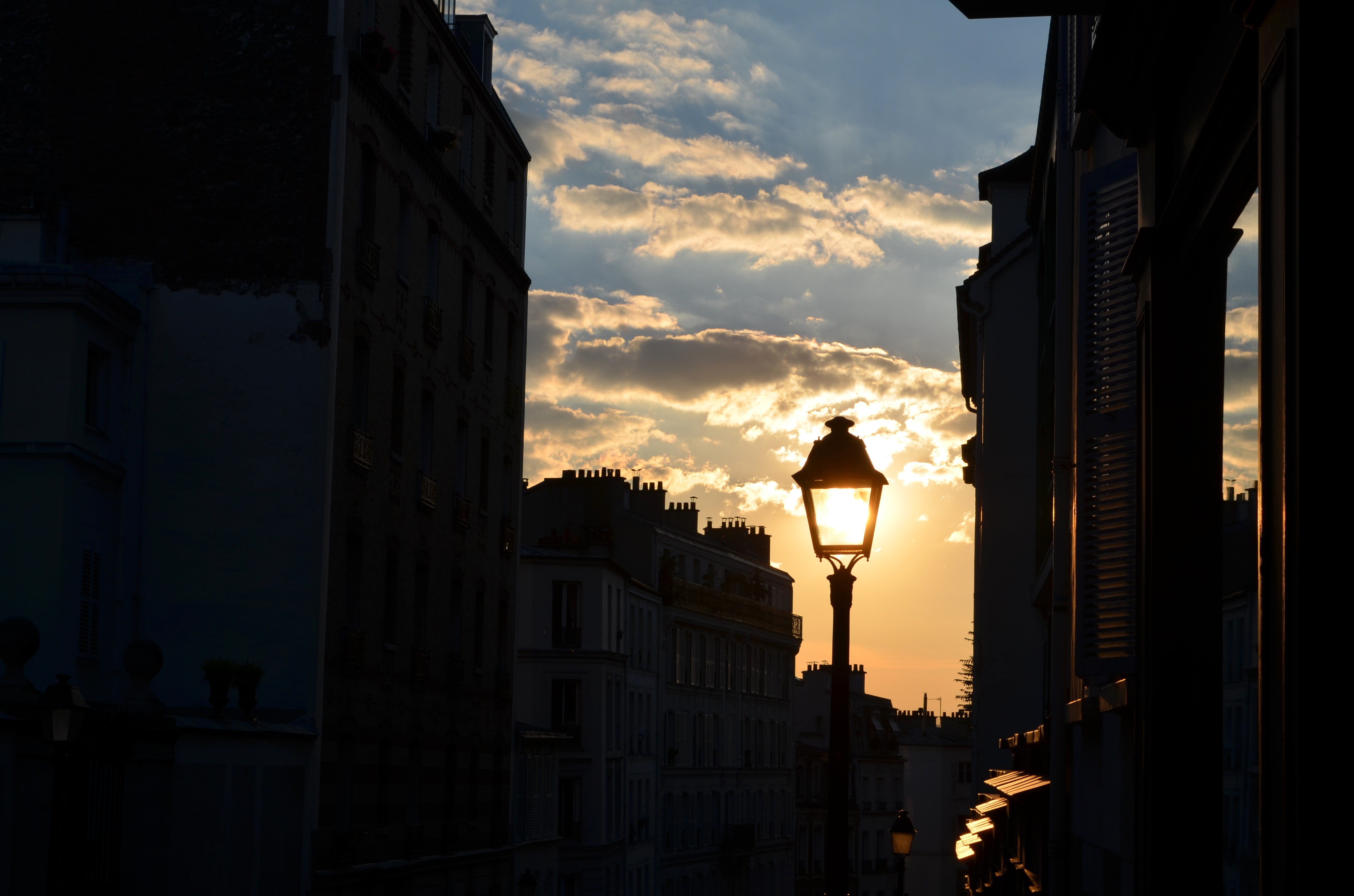 city, street light, sun, sunset, paris, street, clouds, light, building, lanterns, 4K, france, sky, HD Wallpaper