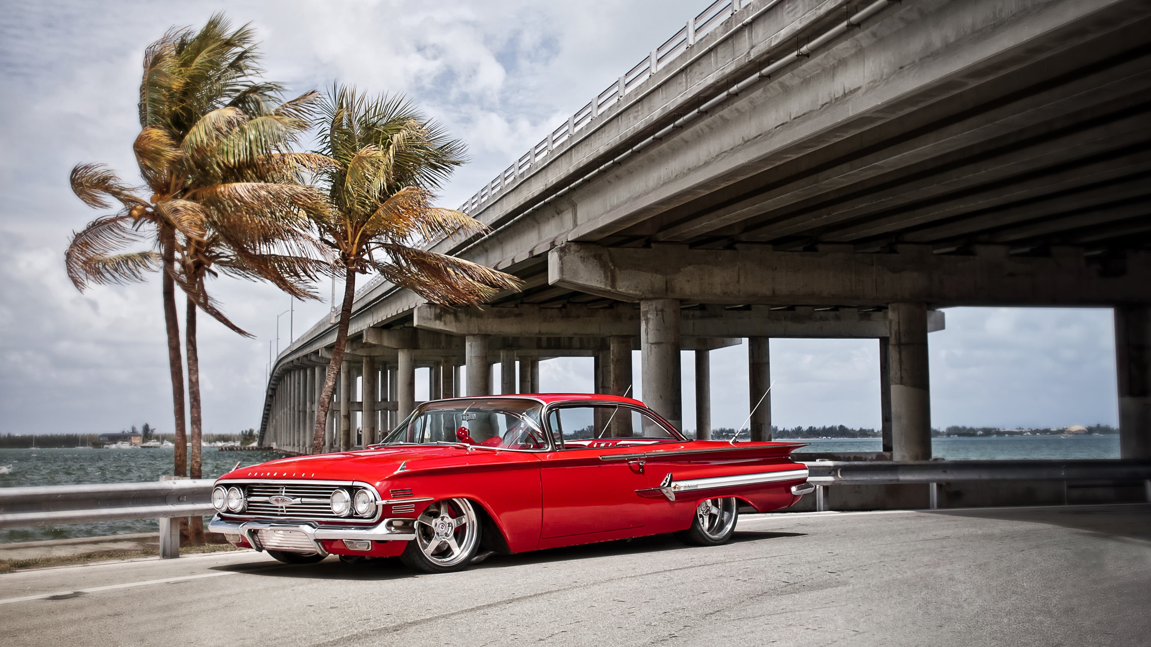 4K, day, oldtimer, cloud - sky, tropical climate, sky, red, classic car, no people, palm, vintage car, building exterior, plant, architectural column, HD Wallpaper