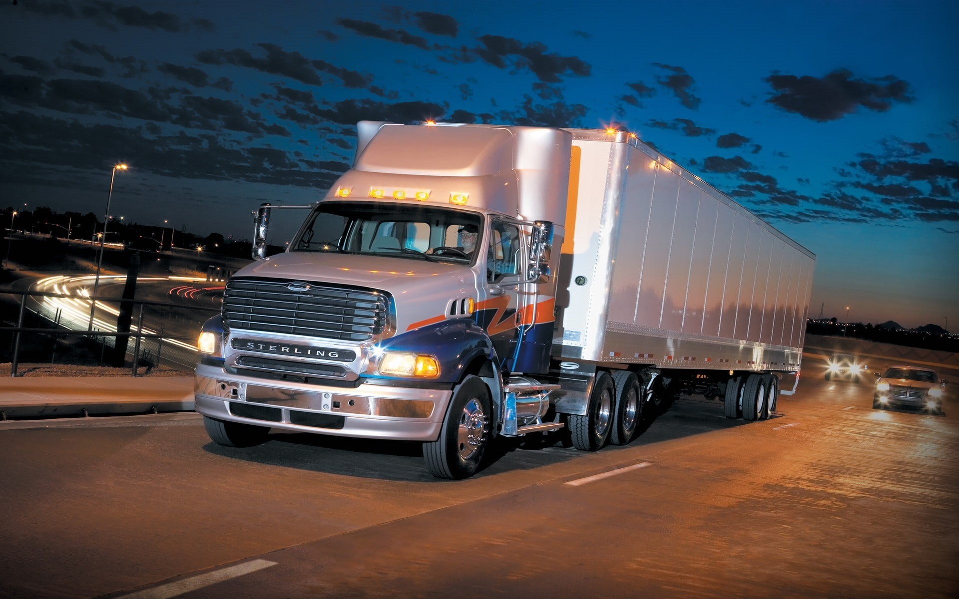 business, 1080P, illuminated, sky, trucking, headlight, architecture, land vehicle, Truck, trucks, nature, mode of transportation, traffic, road, night, HD Wallpaper