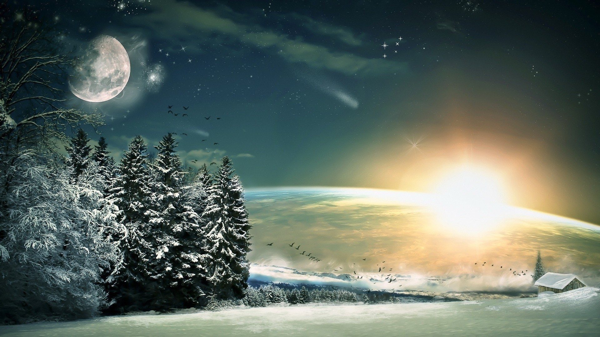 fir, Moon, BIRDS, stars, px, 1080P, snow, fantasy, art, video, hd, Trees, Winter, 1920x1080 px, Light, Descent, x, wood, xbox, games, sun, HD Wallpaper