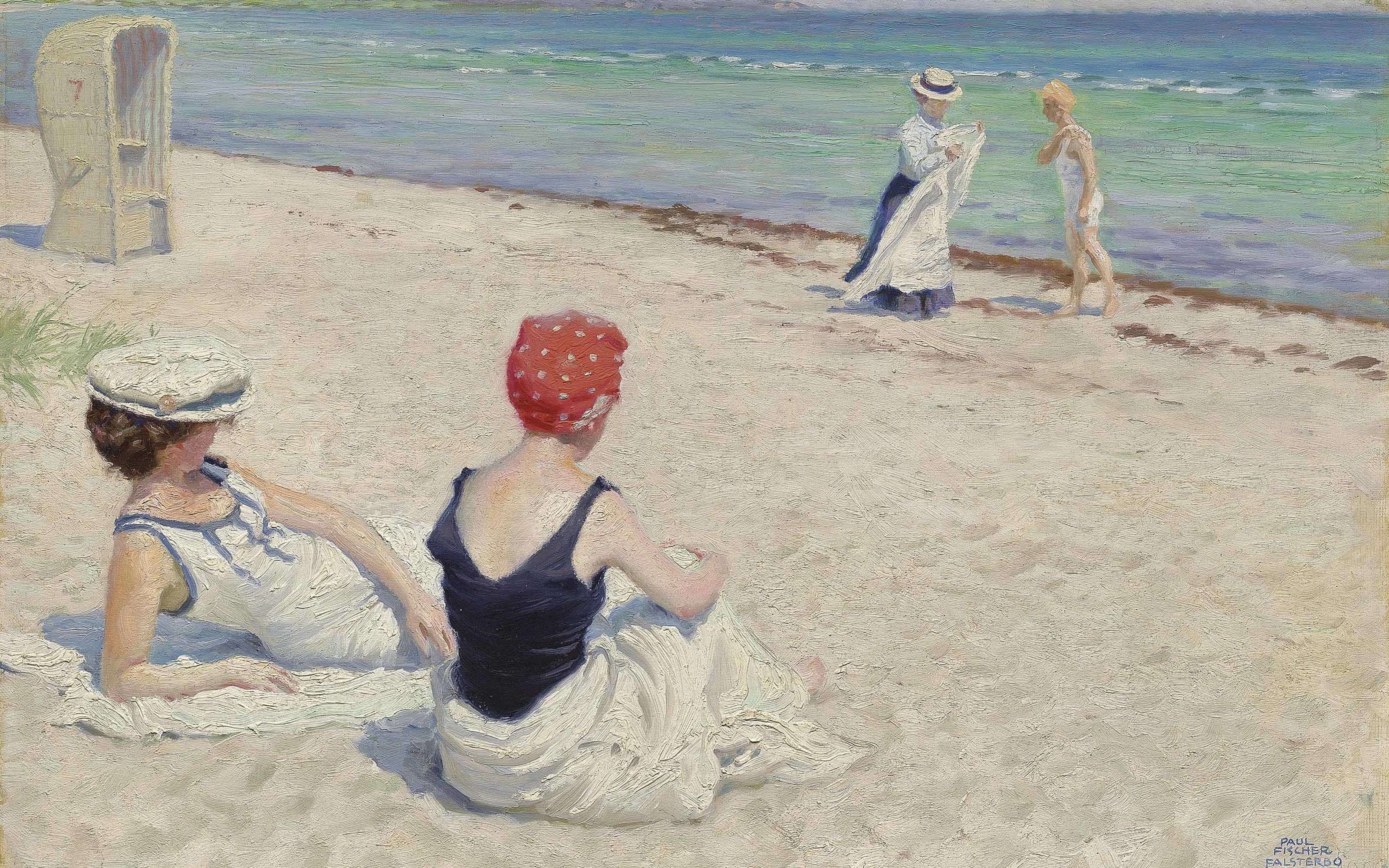oil on canvas, Paul Fischer, On the beach, Paul Gustav Fischer, Falsterbro, 2K, Falsterbo, Paul Fisher, Danish painter, HD Wallpaper