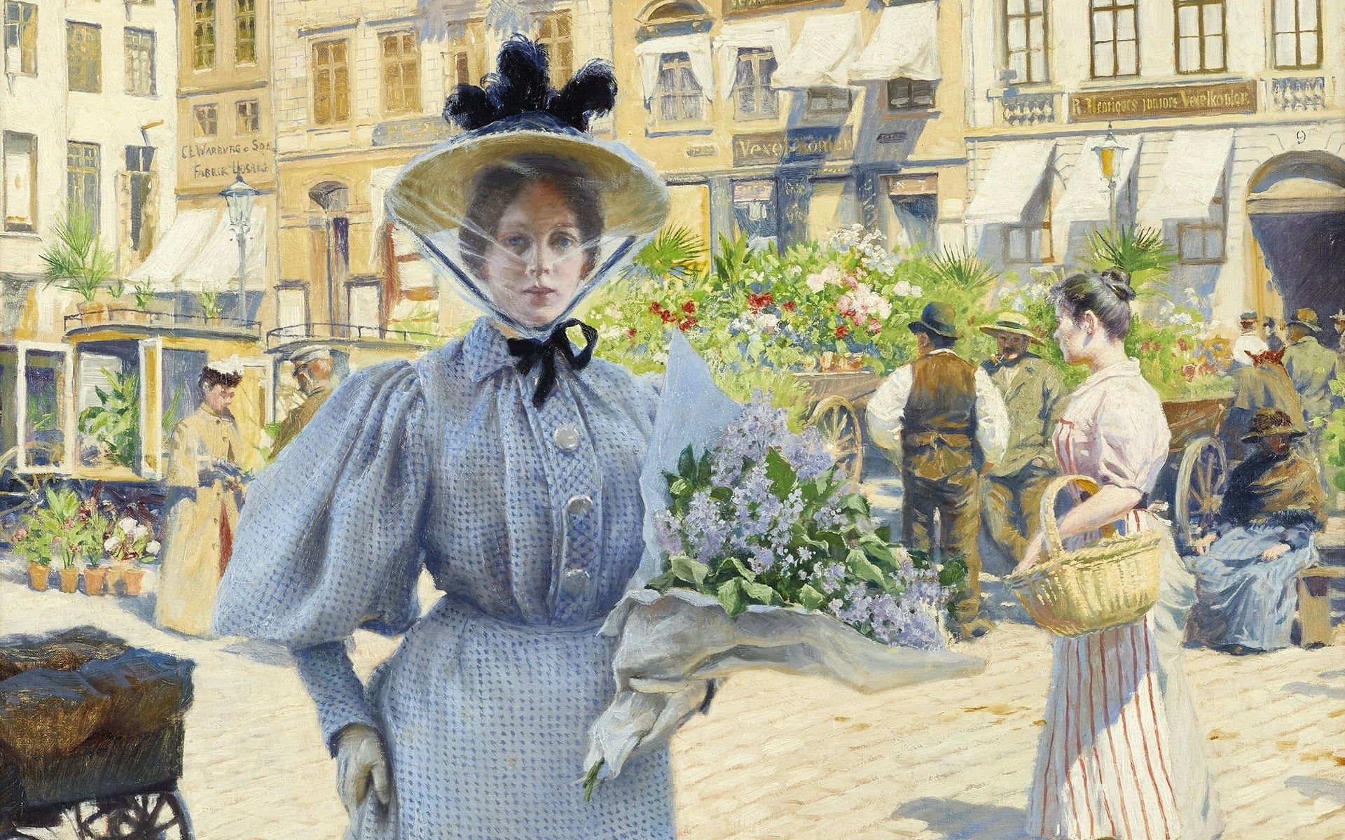 1080P, Danish painter, Paul Fischer, the artists wife, Flower Market at Heibro Square in Copenhagen, Flower market on the square of the H. C. Andersen statue in, HD Wallpaper