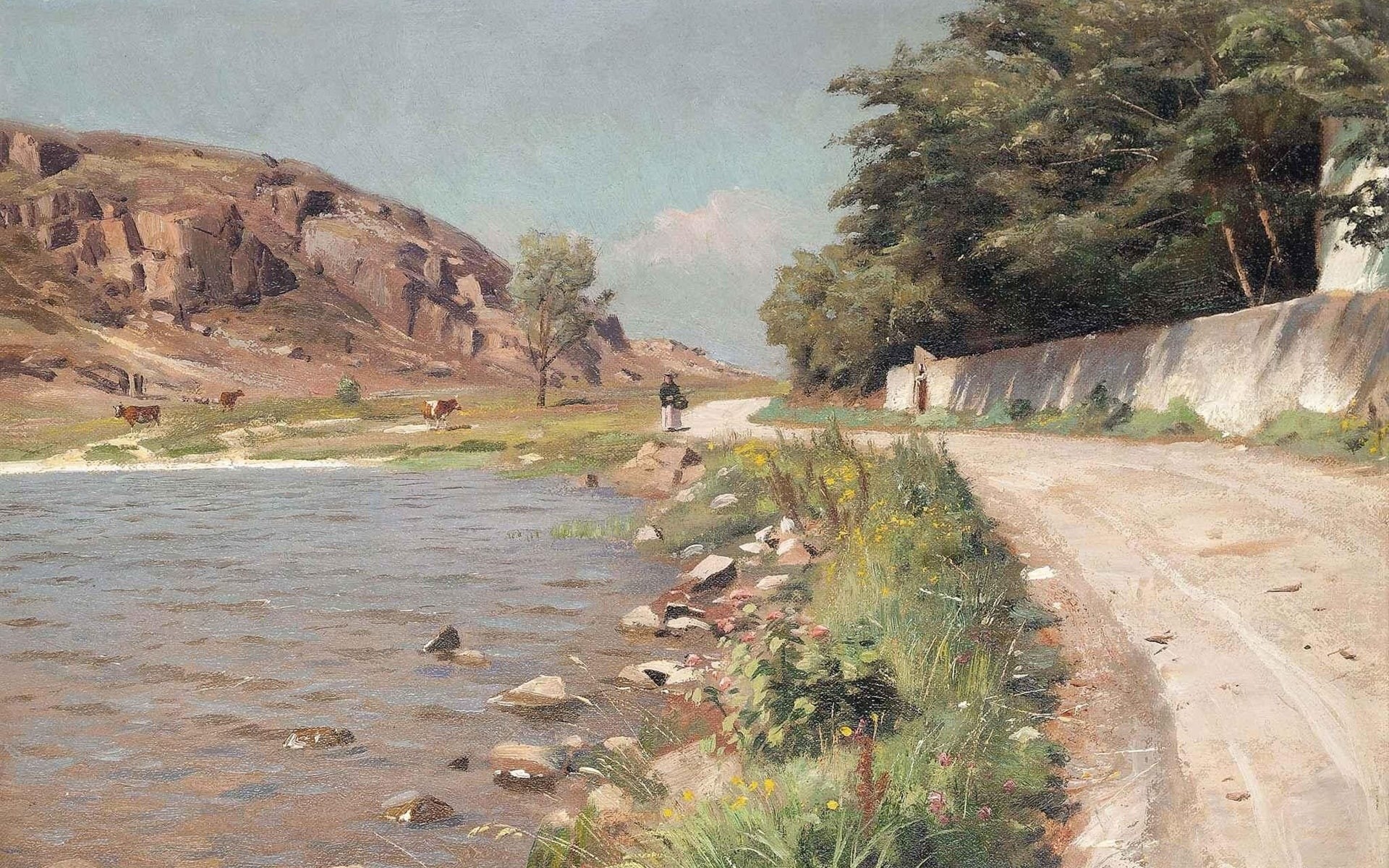 1918, Peter Merk Of Menstad, Danish painter, Danish realist painter, Peder Mørk Mønsted, Lady progulyala on the lake, 1080P, A lady taking a stroll by a lake Hammersø, HD Wallpaper