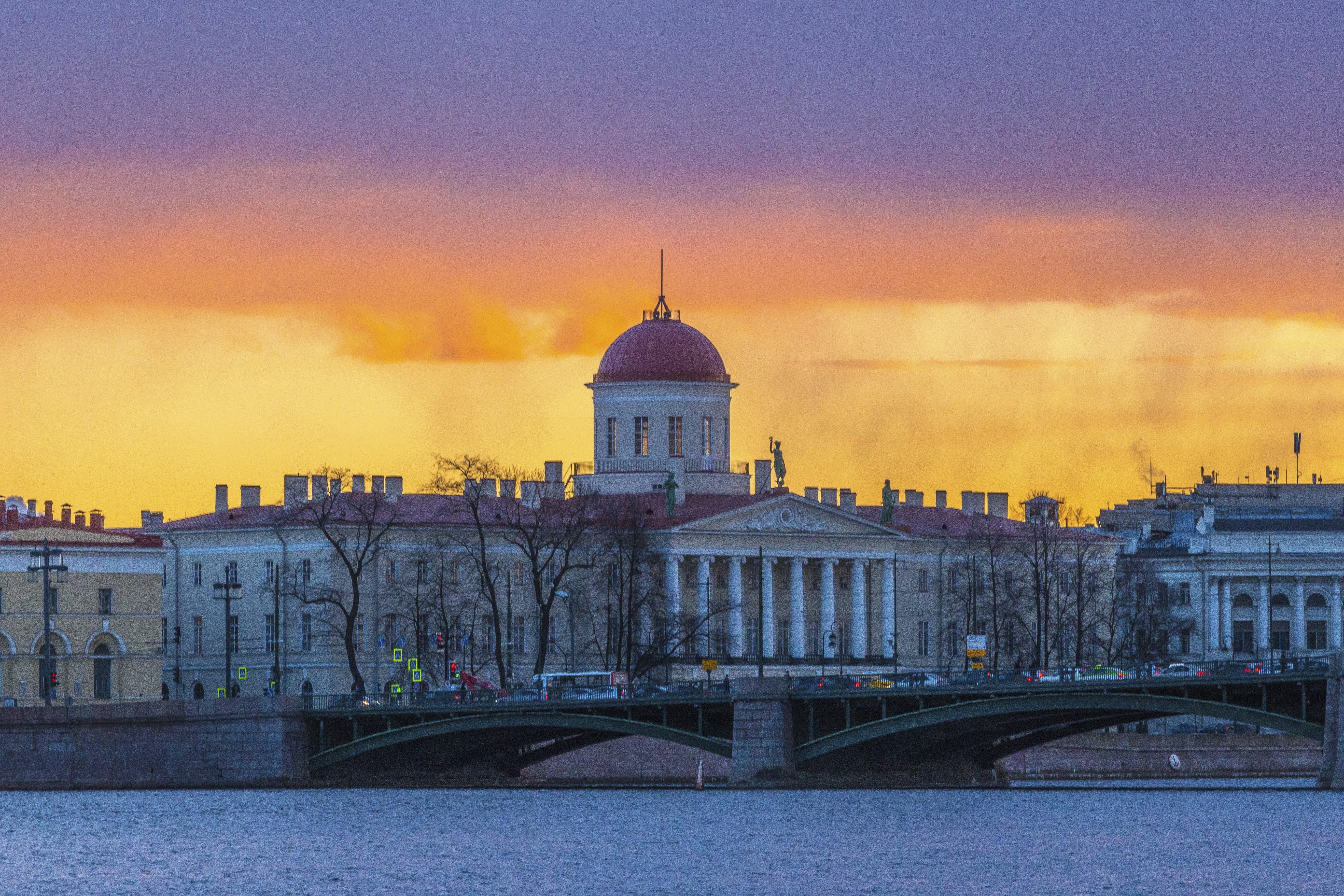 dome, bridge, water, st petersburg, nature, built structure, tree, paint, clouds, religion, historical, russia, cloud - sky, cloudy, river, bridge - man made structure, HD Wallpaper