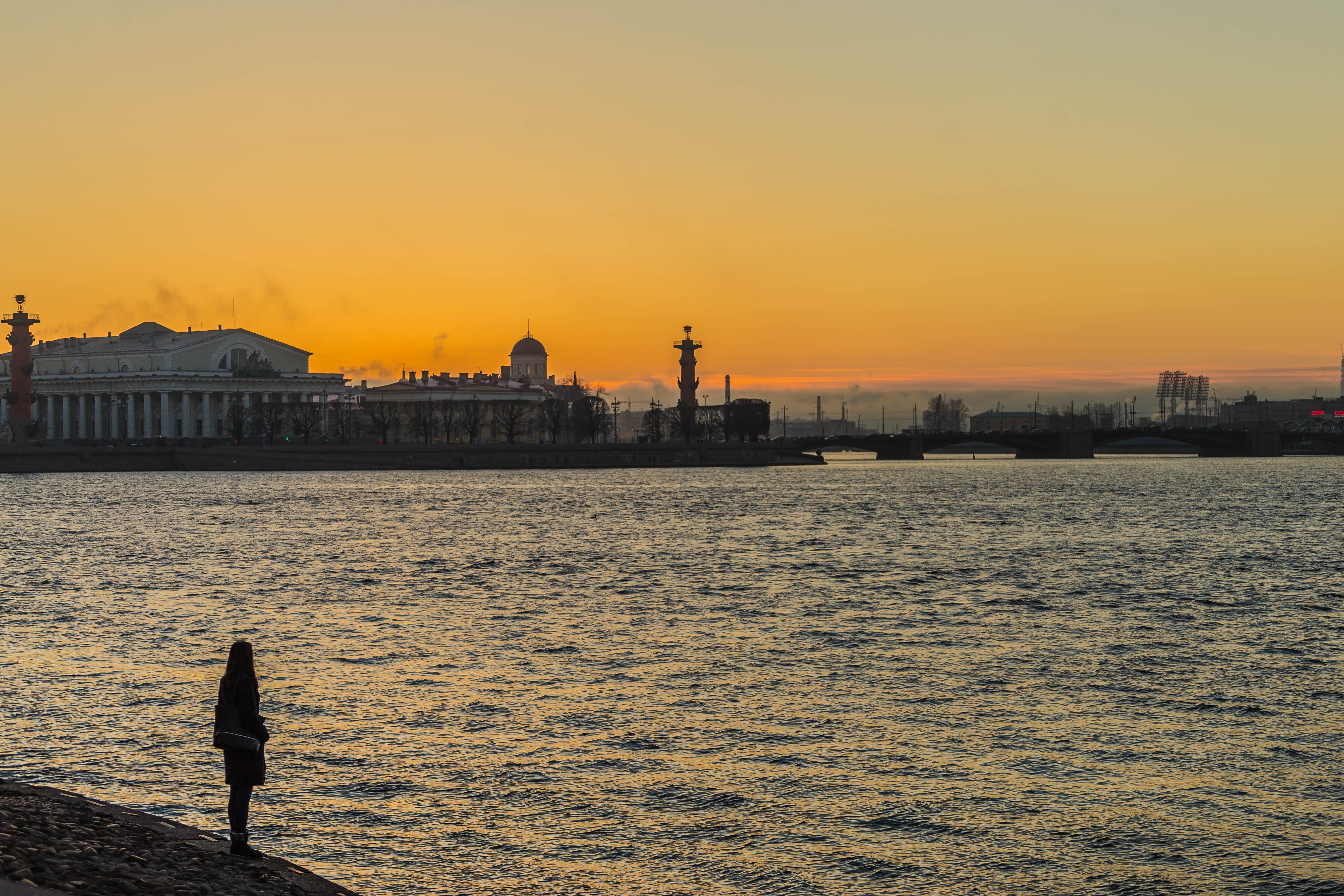 sea, standing, sunset sky, the peter and paul fortress, building, outdoors, 5K, clouds, river, city, evening, symbol, architecture, beauty, real people, HD Wallpaper