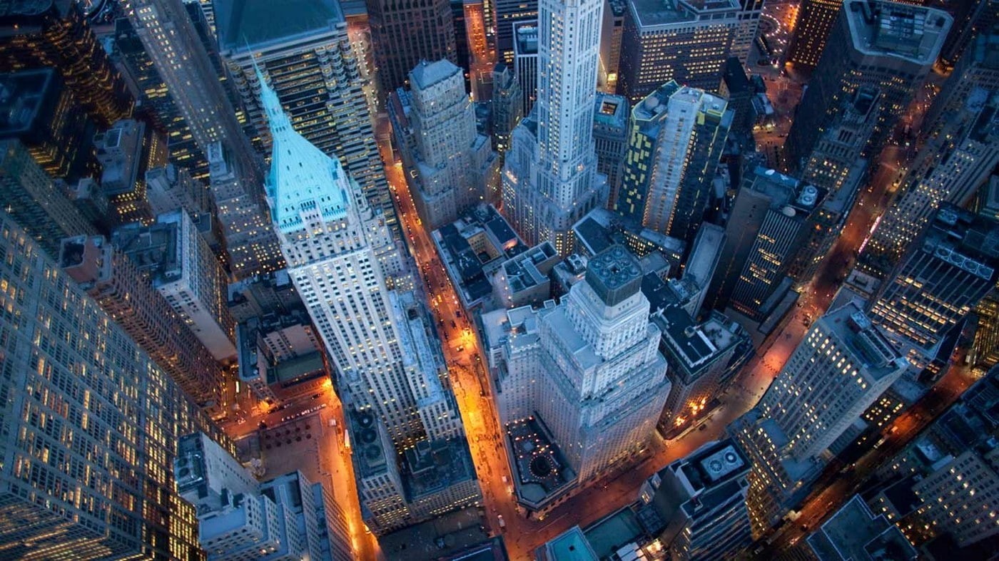 cityscape, transportation, urban, building, night, lights, modern, financial district, aerial view, landscape, New York City, architecture, urban skyline, HD Wallpaper