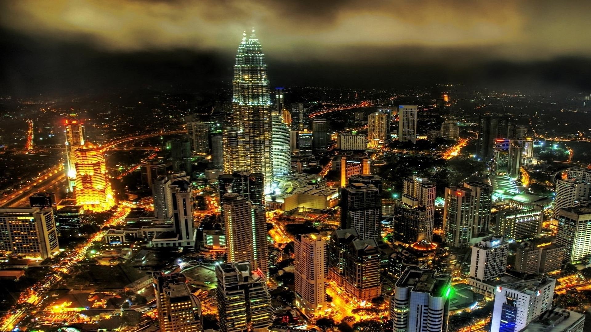 clouds, lights, skyscrapers, hdr, 1080P, lumpur, city, nature and landscapes, night, kuala, HD Wallpaper