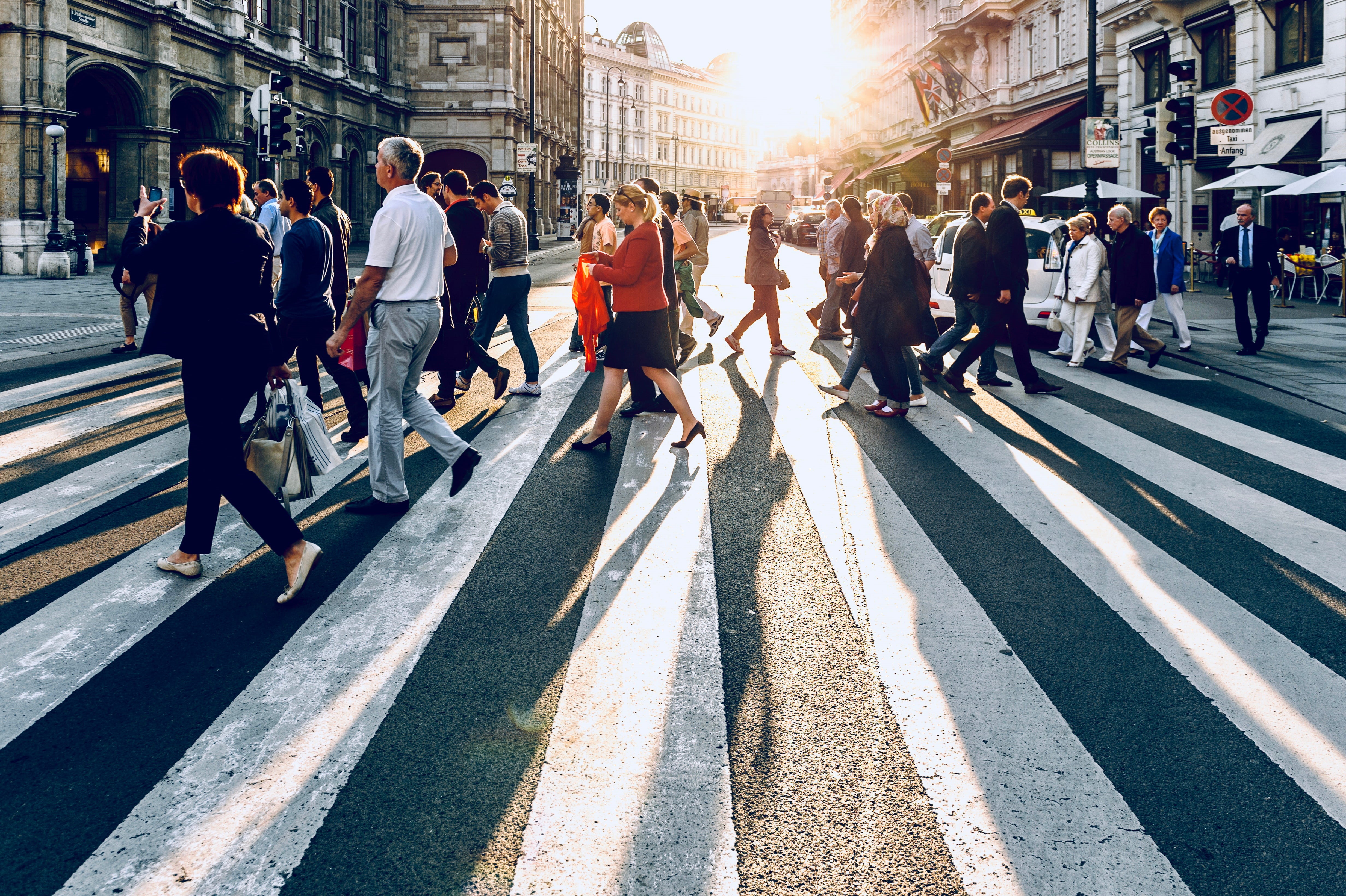 crowd, road, men, group of people, group, city, real people, large group of people, road marking, city street, crossing, lane, architecture, 4K, street, HD Wallpaper