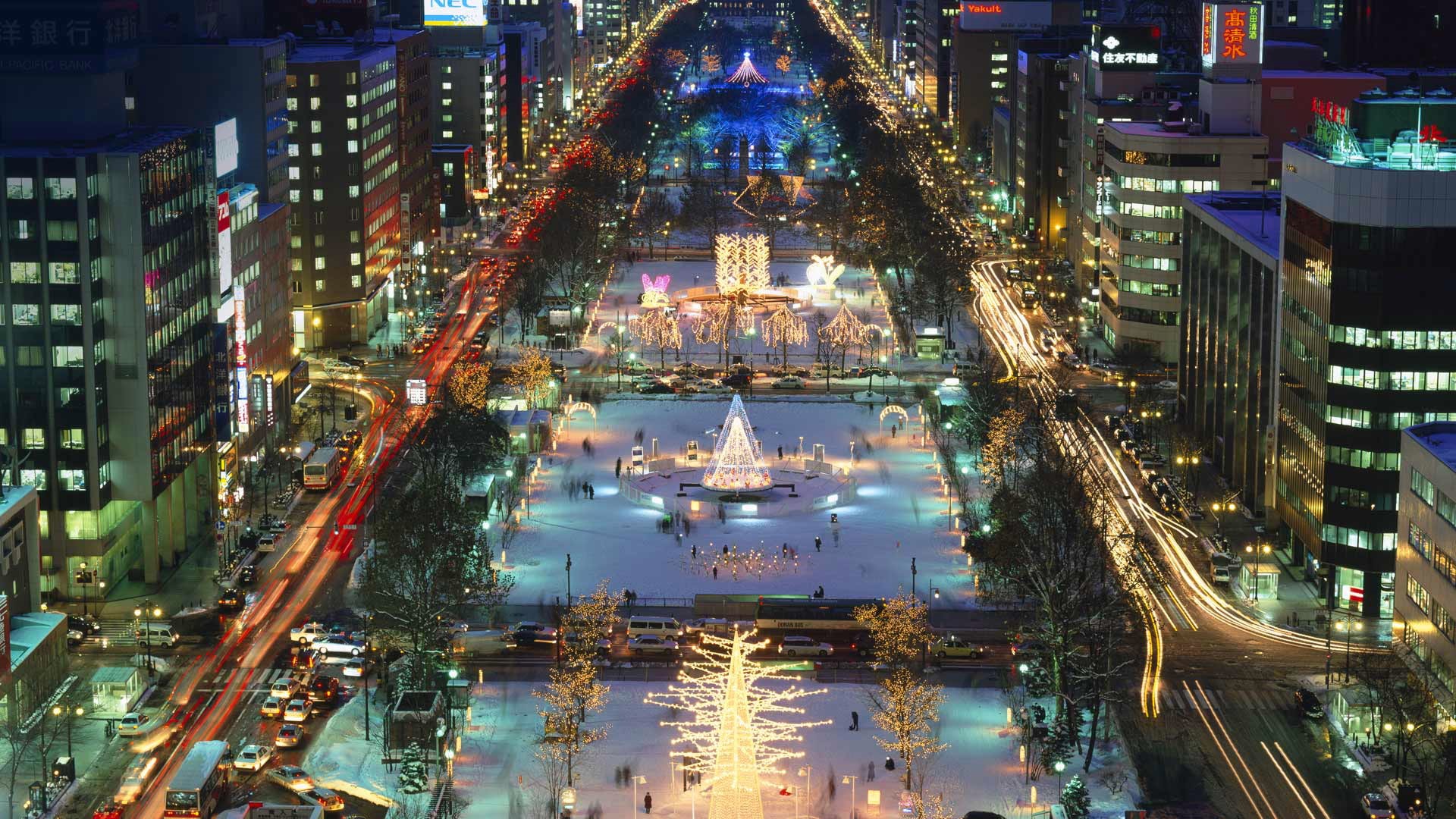 holiday, Sapporo, night, lights, Odori Park, New Year, Japan, 1080P, the island of Hokkaido, HD Wallpaper
