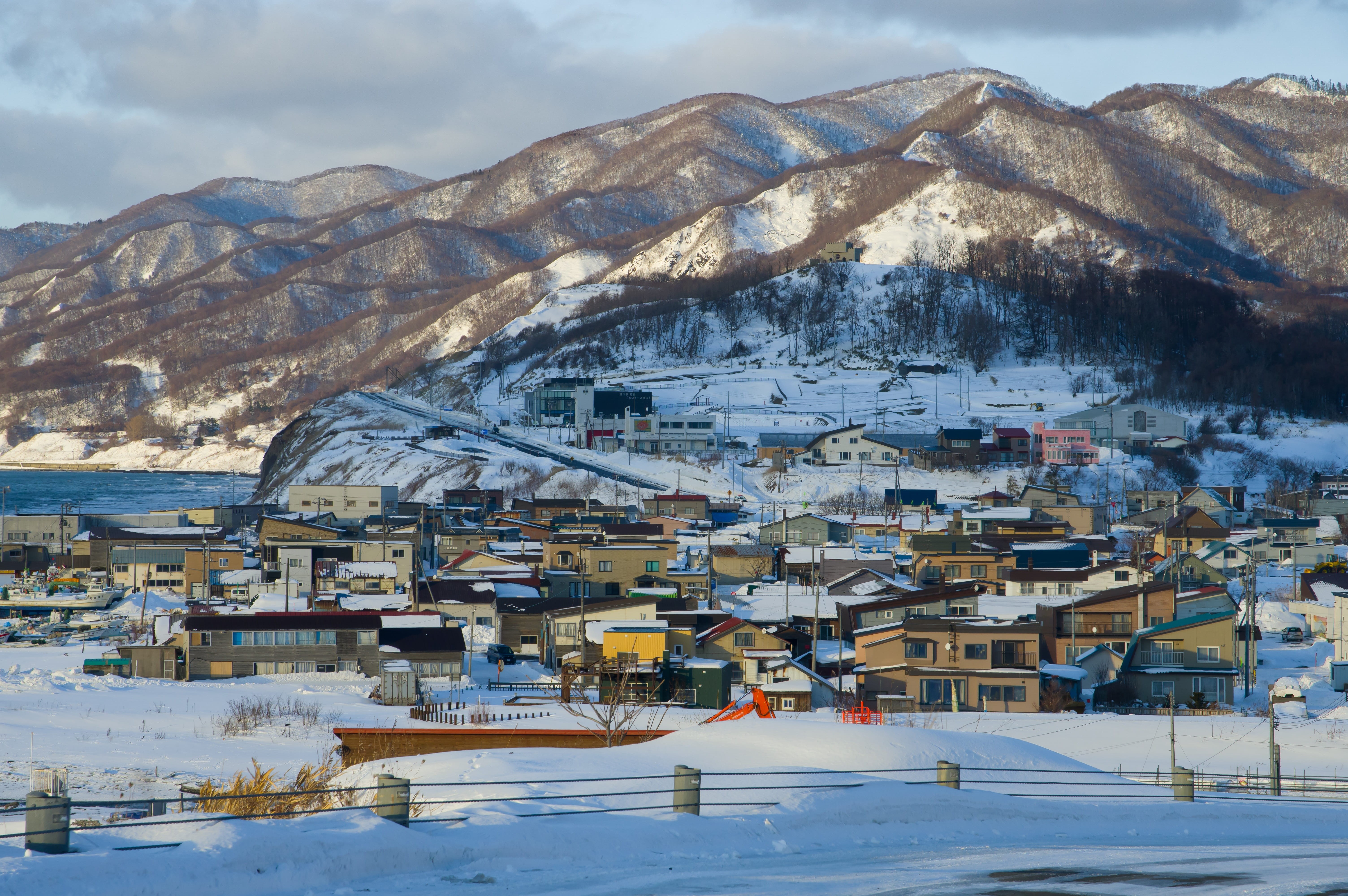 cold temperature, japan, sky, city, winter, building exterior, scenics - nature, no people, outdoors, townscape, 5K, building, mountain range, snowcapped mountain, HD Wallpaper
