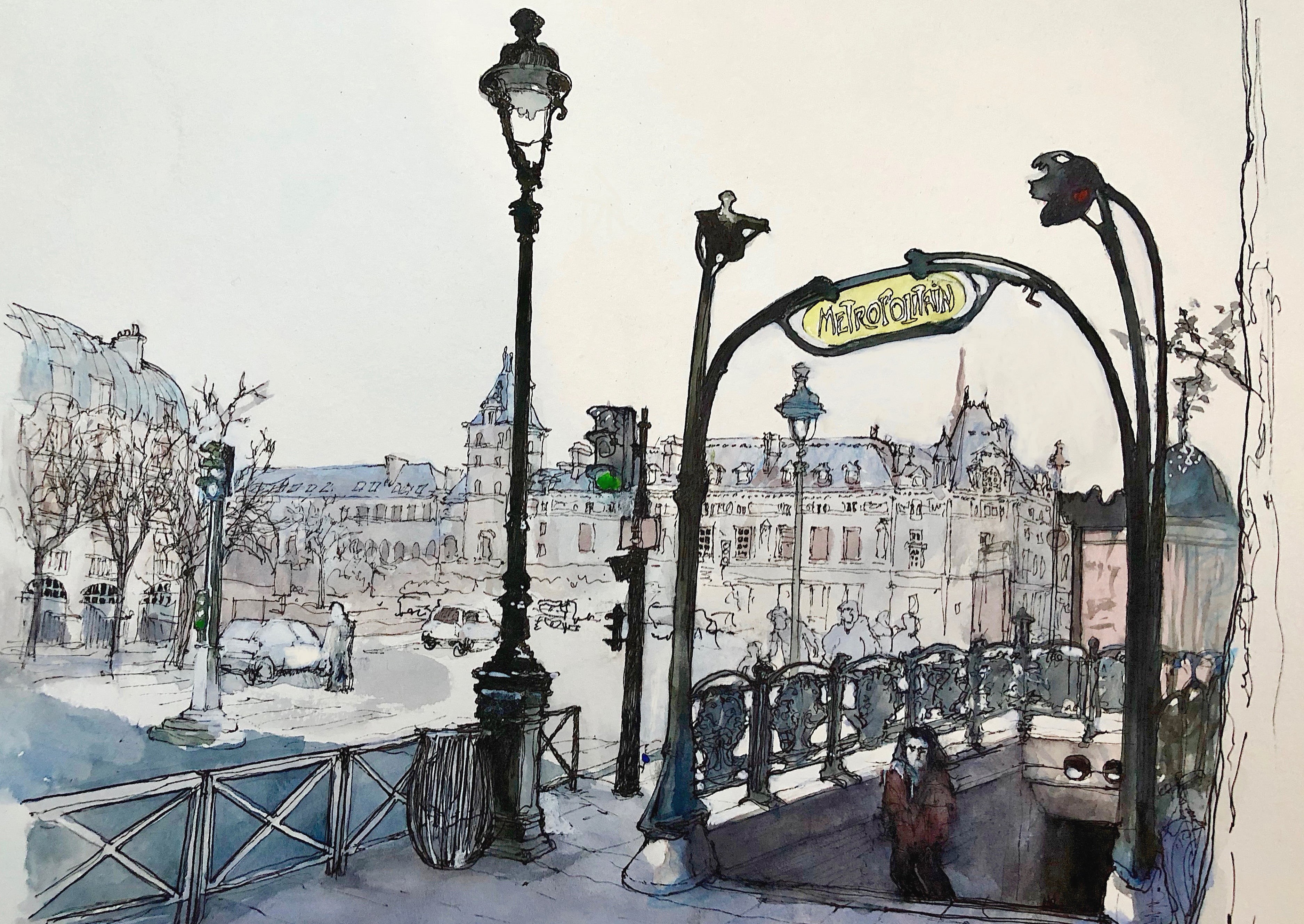 Paris, Boulevard Saint-Michel, 2K, watercolor, figure, the urban landscape, metro, HD Wallpaper
