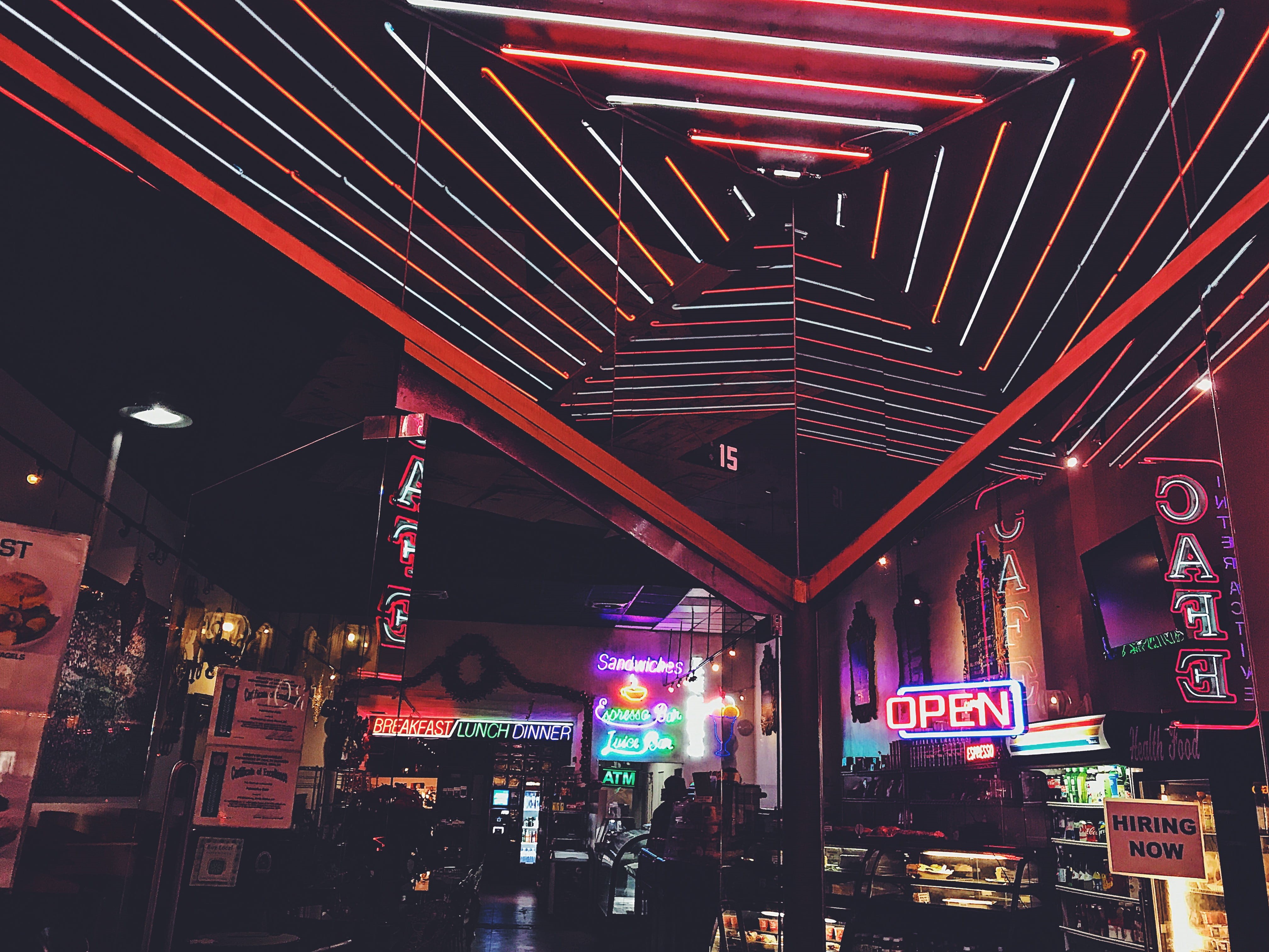 building exterior, glowing, bar, store, outdoors, low angle view, illuminated, urban, lighting equipment, design, los angeles, sign, city life, text, ceiling, HD Wallpaper