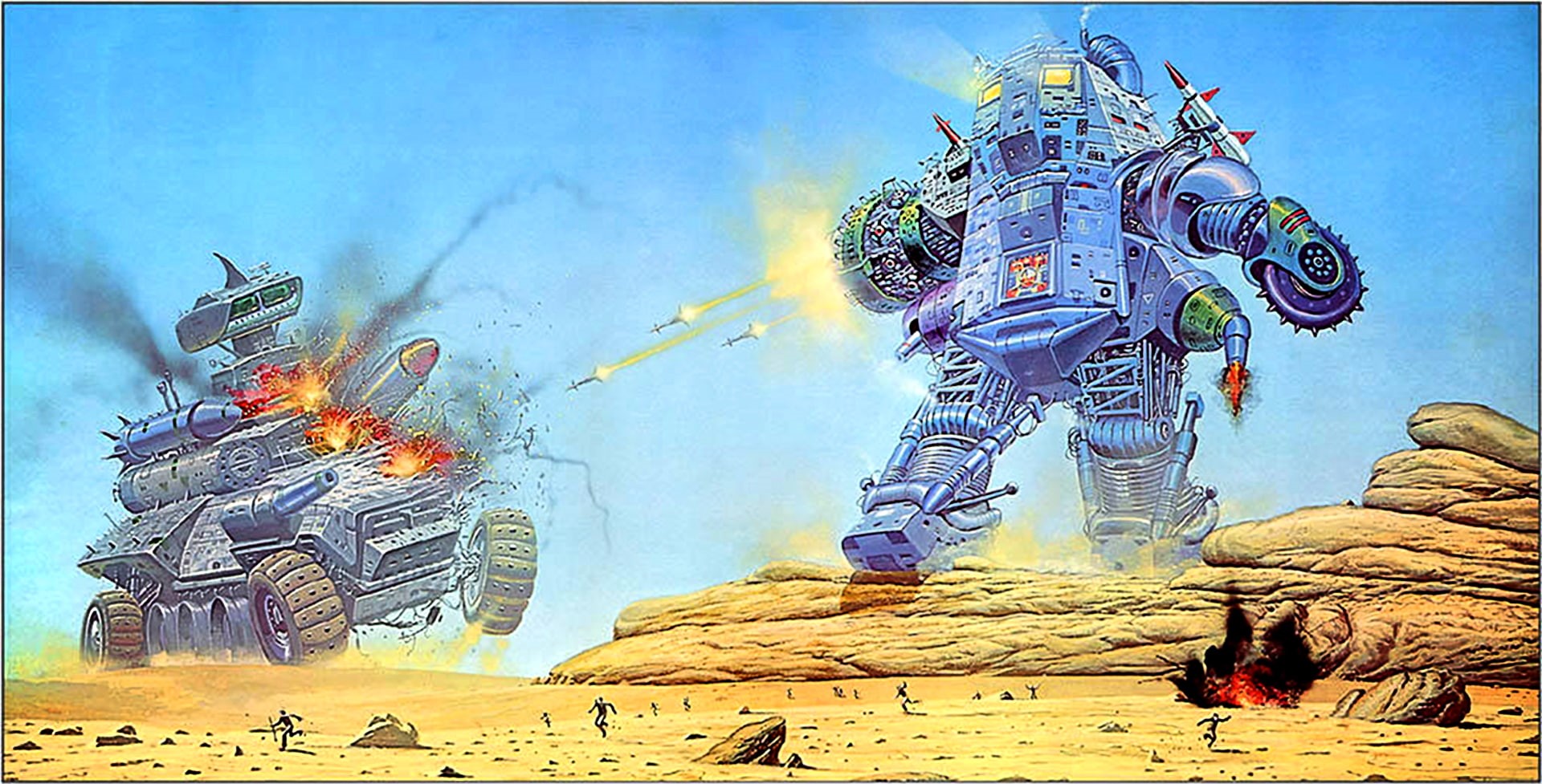 battle, robot, Explosion, science fiction, 1080P, Angus McKie, artwork, HD Wallpaper