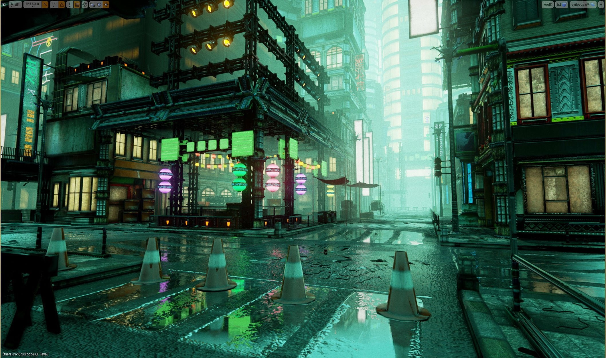 Dreamfall, skyscraper, wet, illuminated, 1080P, building, fantasy, 2117x1253 px, transportation, rain, sci, Fighting, window, residential district, adventure, HD Wallpaper