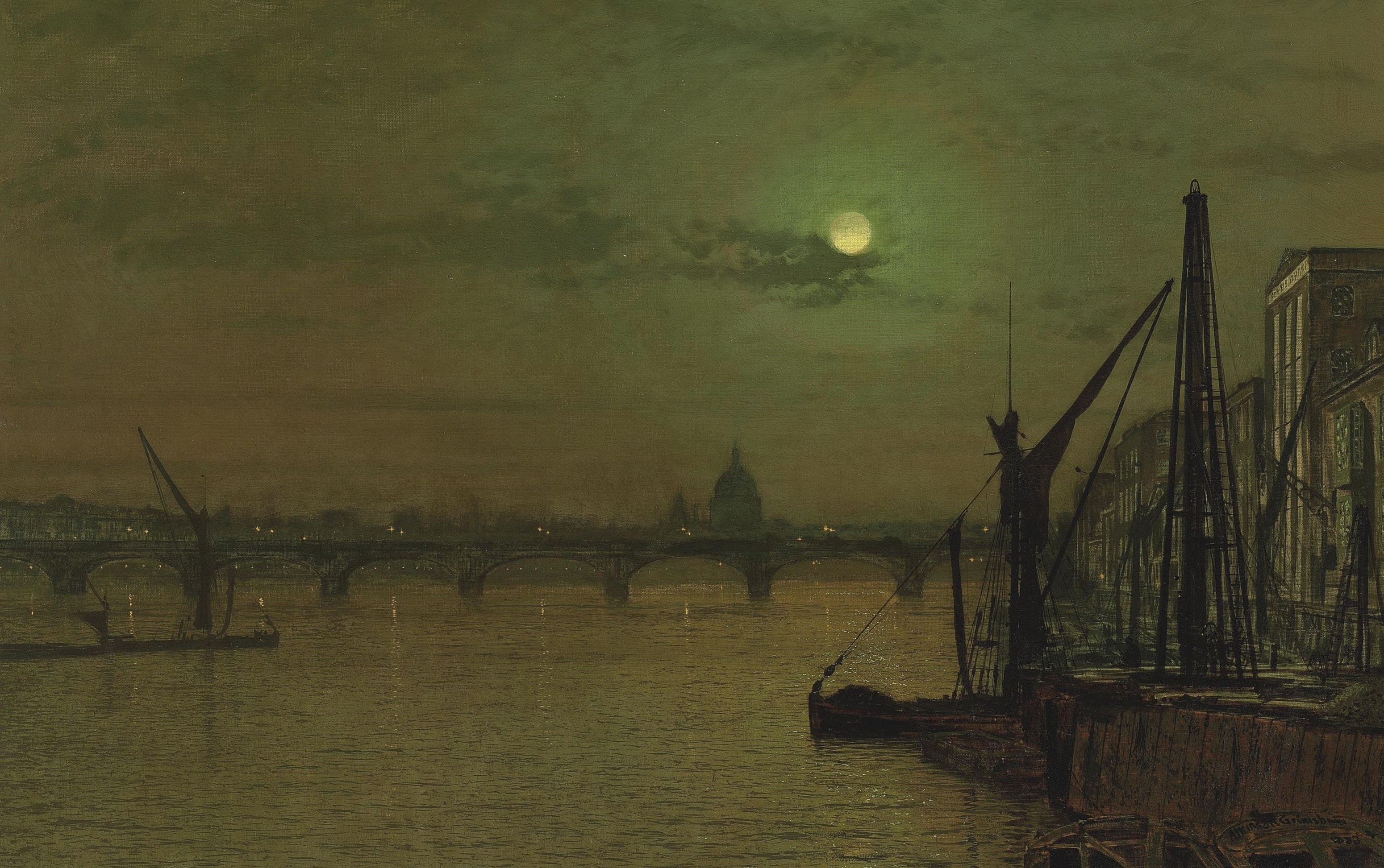 the urban landscape, river, John Atkinson Grimshaw, 2K, Waterloo Bridge. London. View from the East, picture, HD Wallpaper