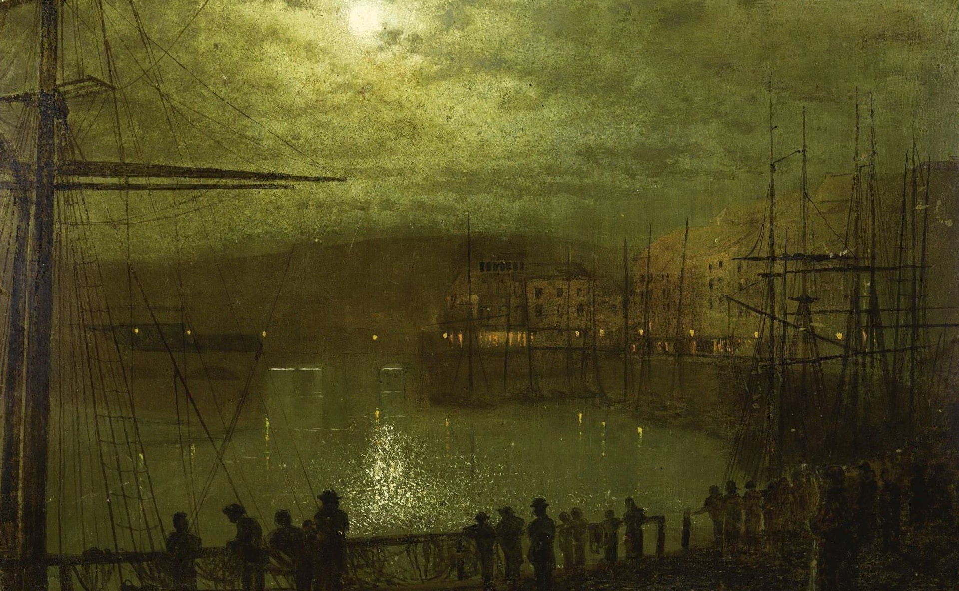 picture, The moon, the urban landscape, 1080P, ship, A View Of Whitby, mast, John Atkinson Grimshaw, clouds, night, people, harbour, HD Wallpaper
