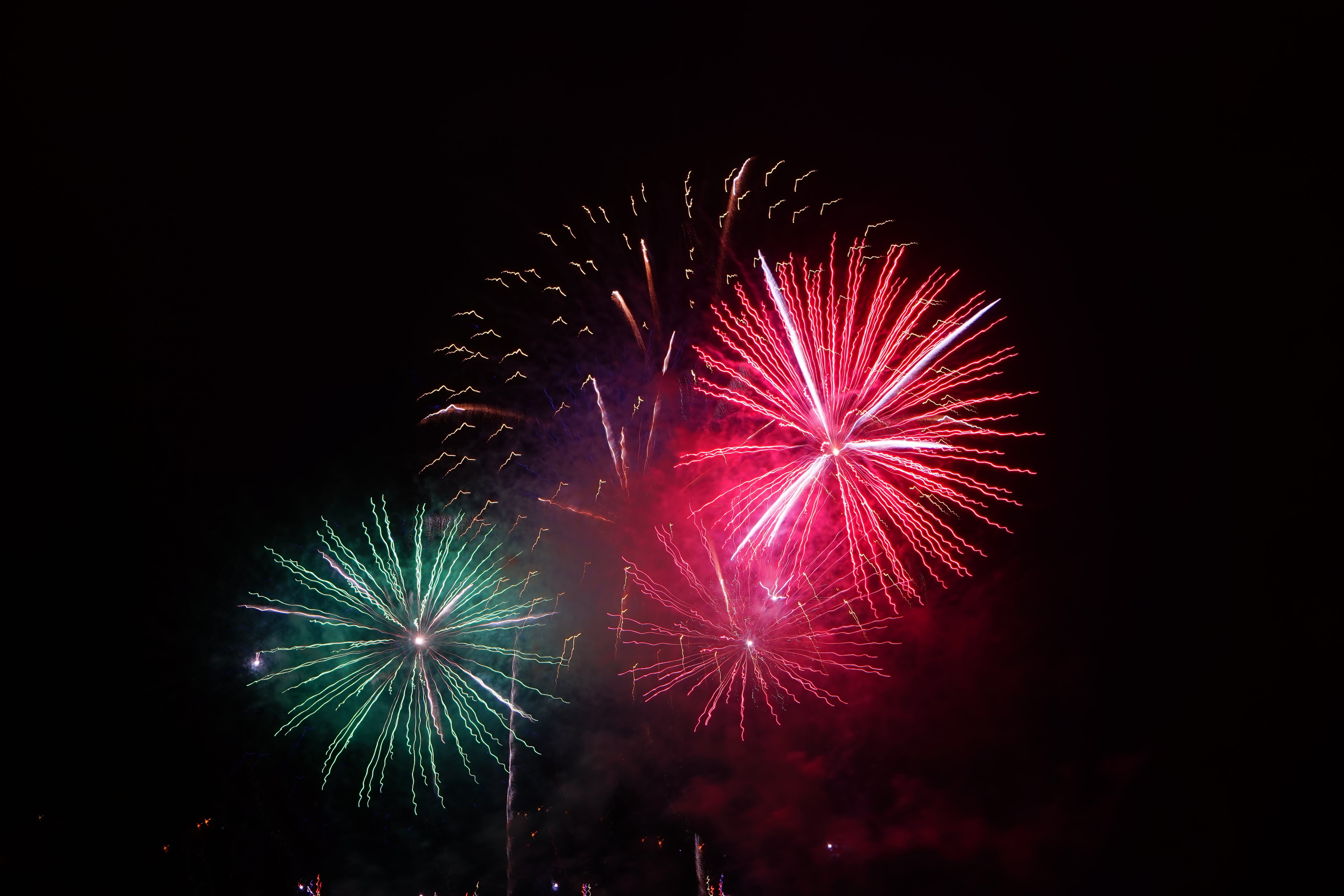 illuminated, glowing, display, high fireworks, red, explosive, burning, night, nightlife, rocket, fire work, firework display, green, exploding, arts culture and entertainment, HD Wallpaper