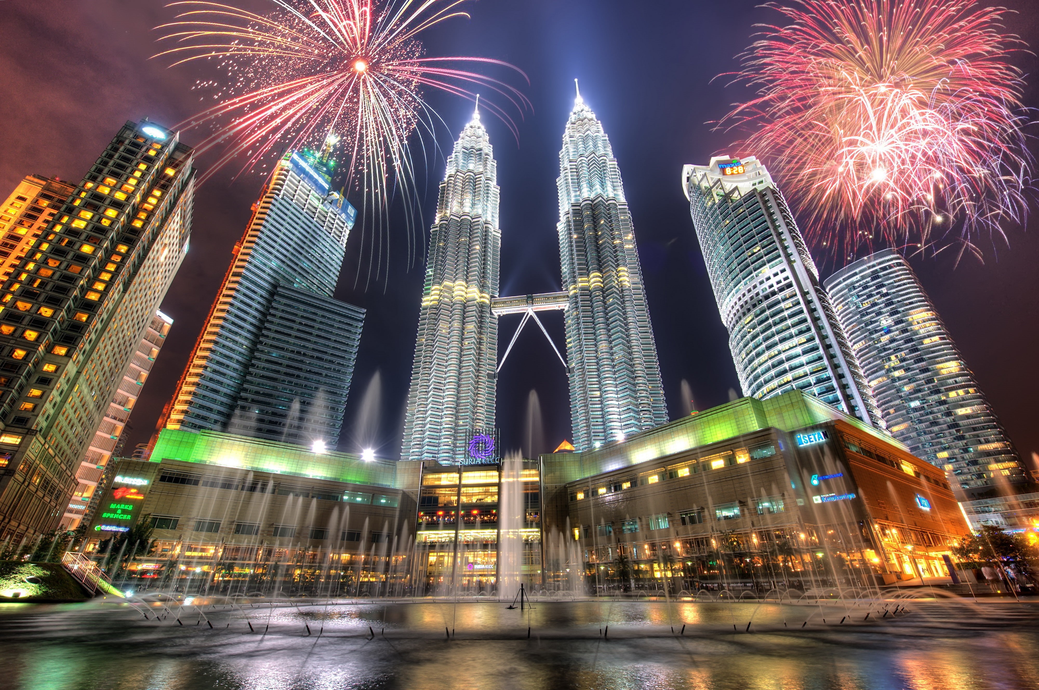 fireworks, cityscape, 4K, Petronas Towers, Kuala Lumpur, Malaysia, HD Wallpaper