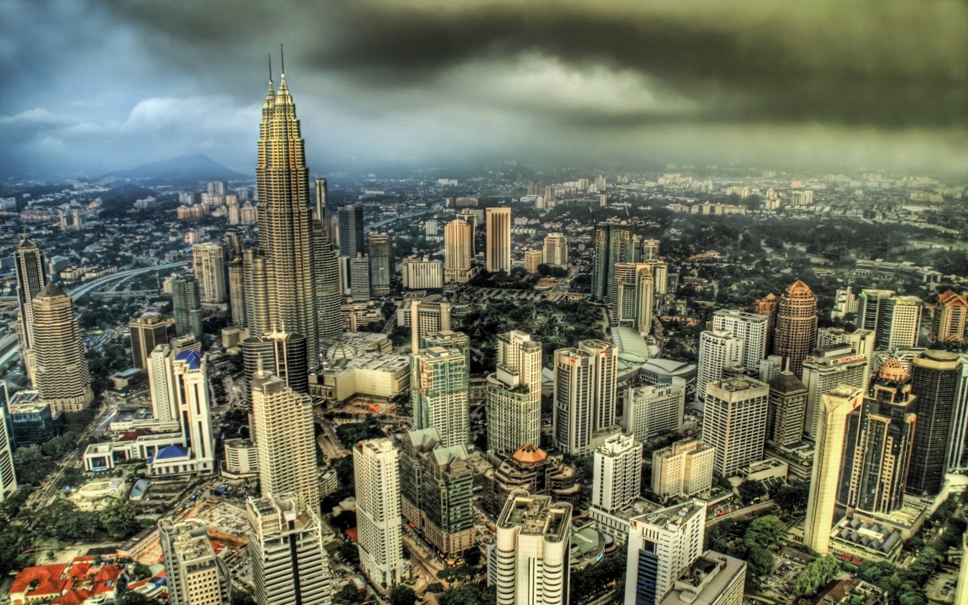 Petronas Towers, tower, crowd, edited, HDR, high angle view, landscape, downtown district, crowded, sky, tall - high, cityscape, photo, cloud - sky, financial district, HD Wallpaper