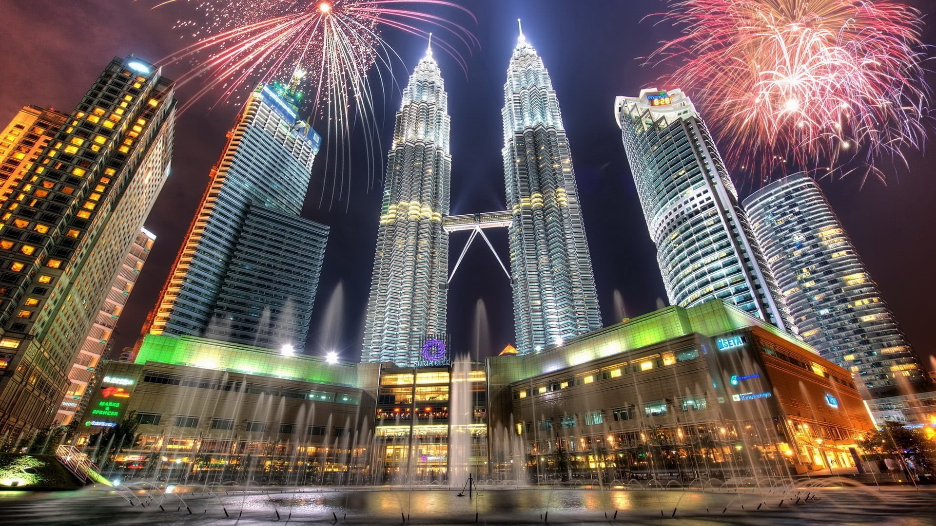 sky, urban skyline, financial district, built structure, office building exterior, fireworks, building exterior, digital lighting, blurred motion, illuminated, HD Wallpaper